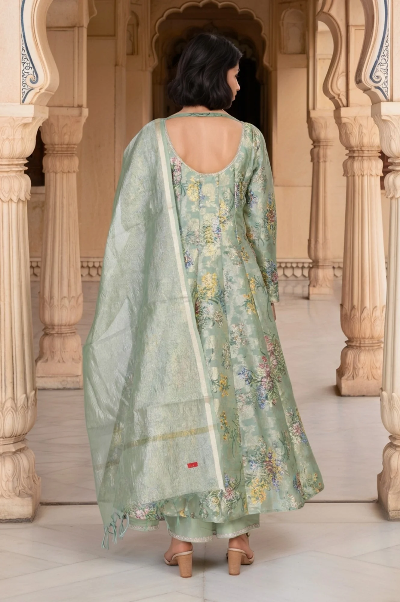 Mint Green Floral Print Tape Anarkali Jacquard Kurta with Flared Pant and Dupatta Set - Image 5