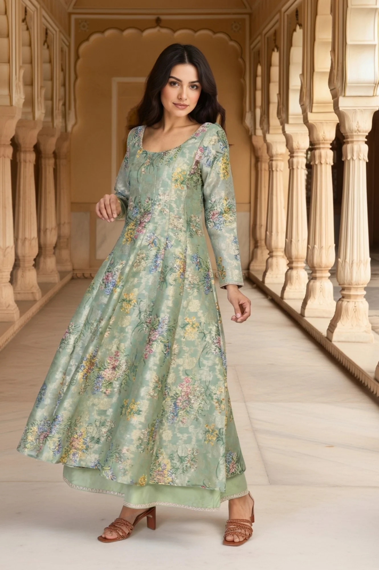 Mint Green Floral Print Tape Anarkali Jacquard Kurta with Flared Pant and Dupatta Set - Image 6