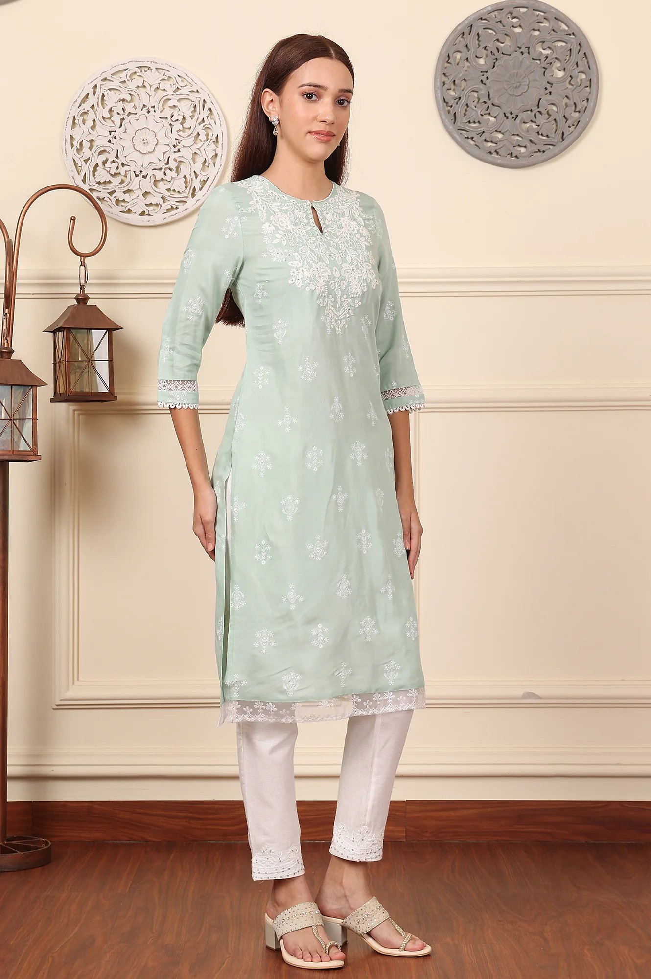Mint Green Floral Printed Chikankari Straight Kurta - Image 4