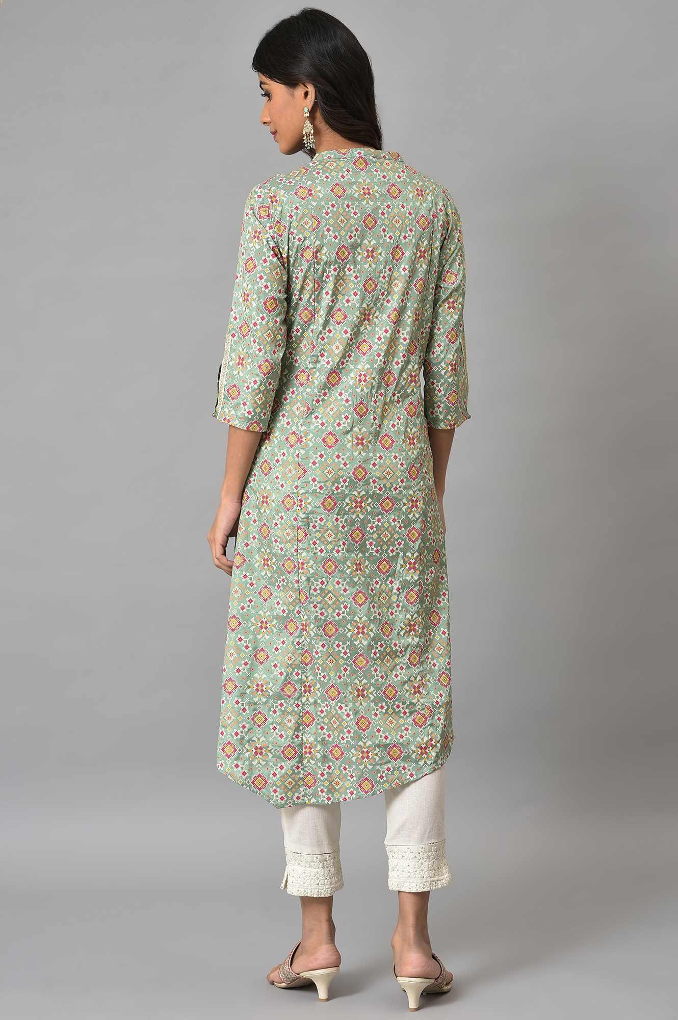 Mint Green Glitter Printed Asymmetrical kurta And Ecru Slim Pants Set - Image 2
