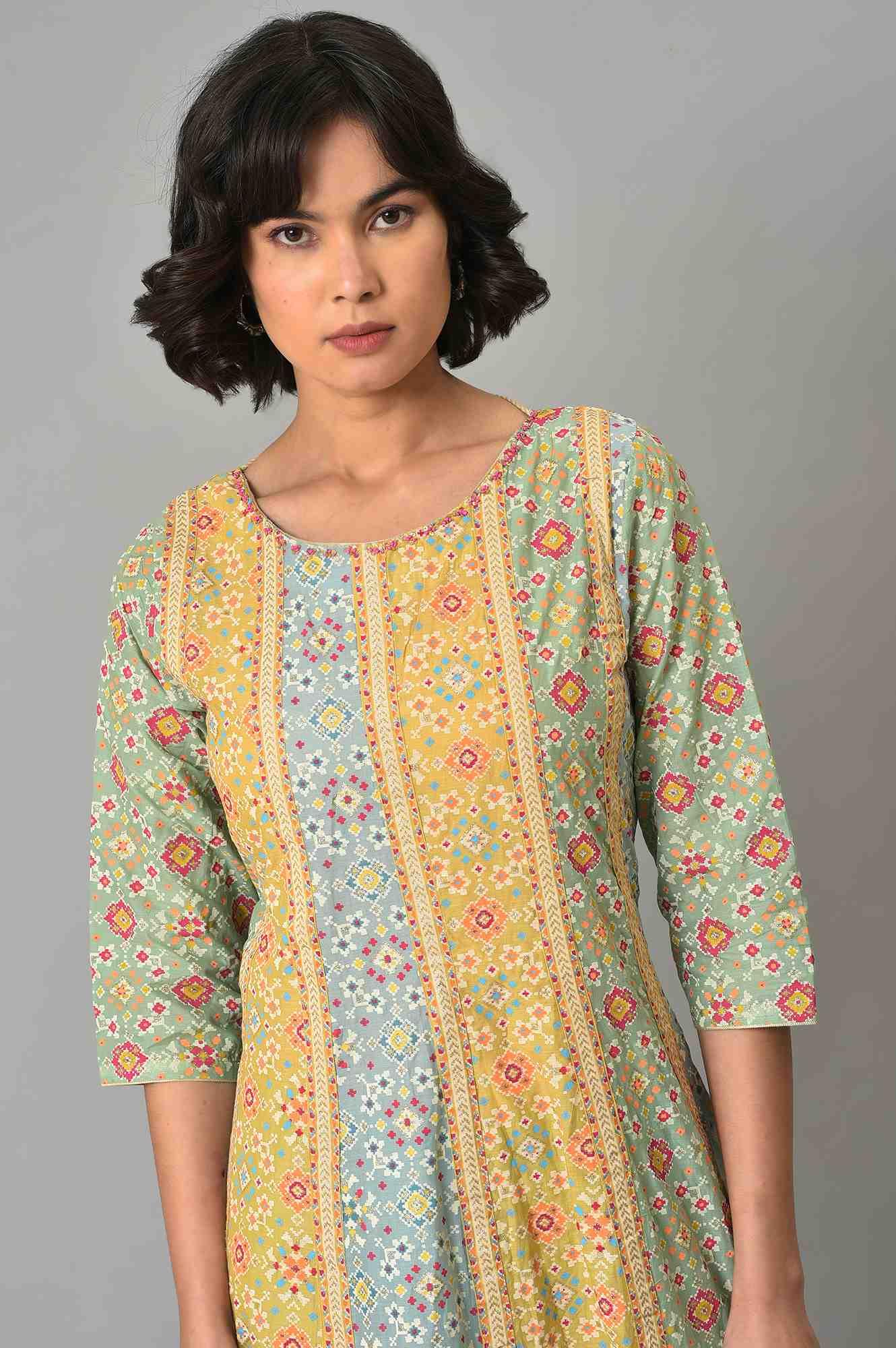 Mint Green Glitter Printed kurta And Tights Set - Image 5