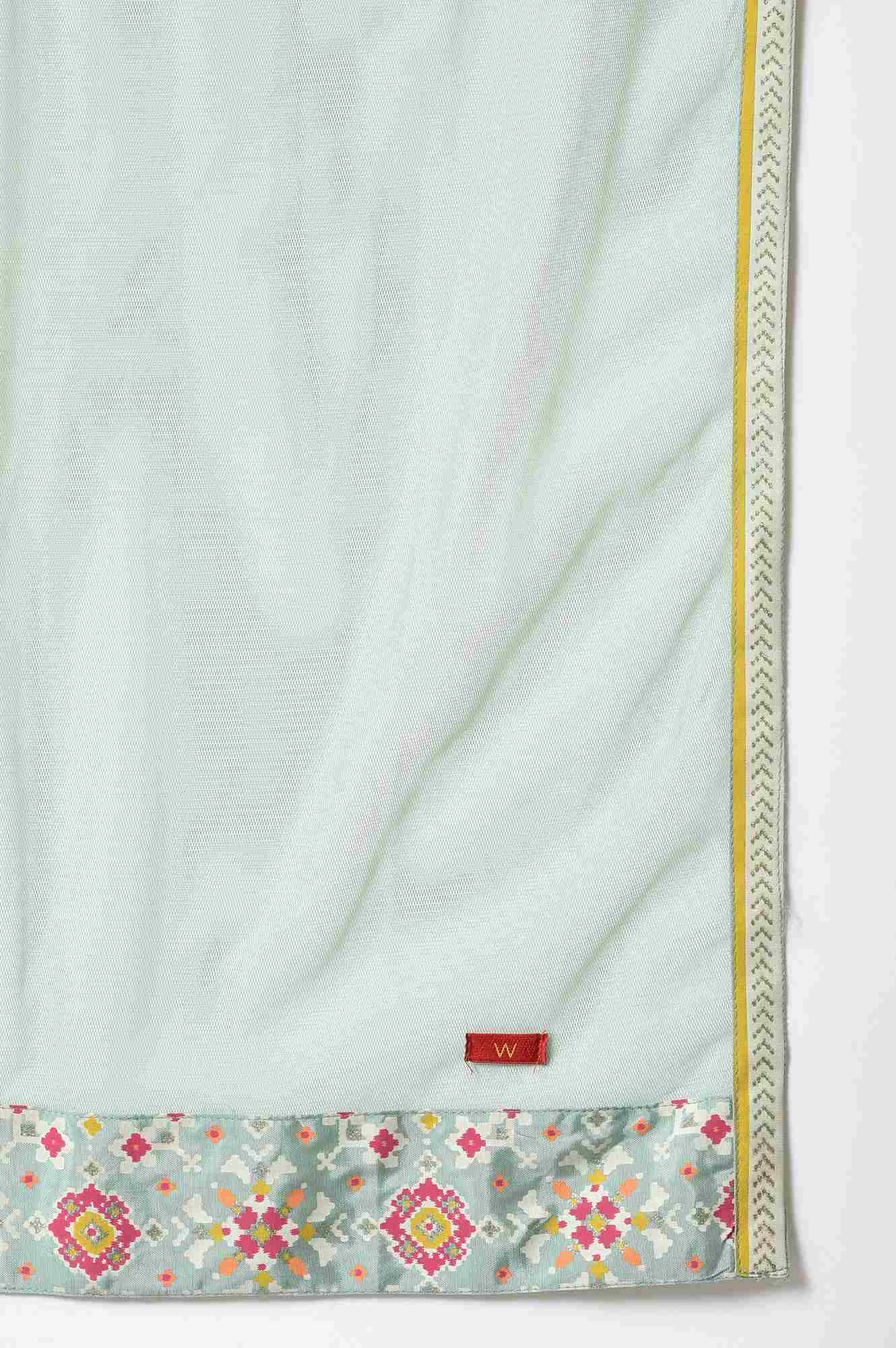 Mint Green Mesh Dupatta With Printed Border - Image 4