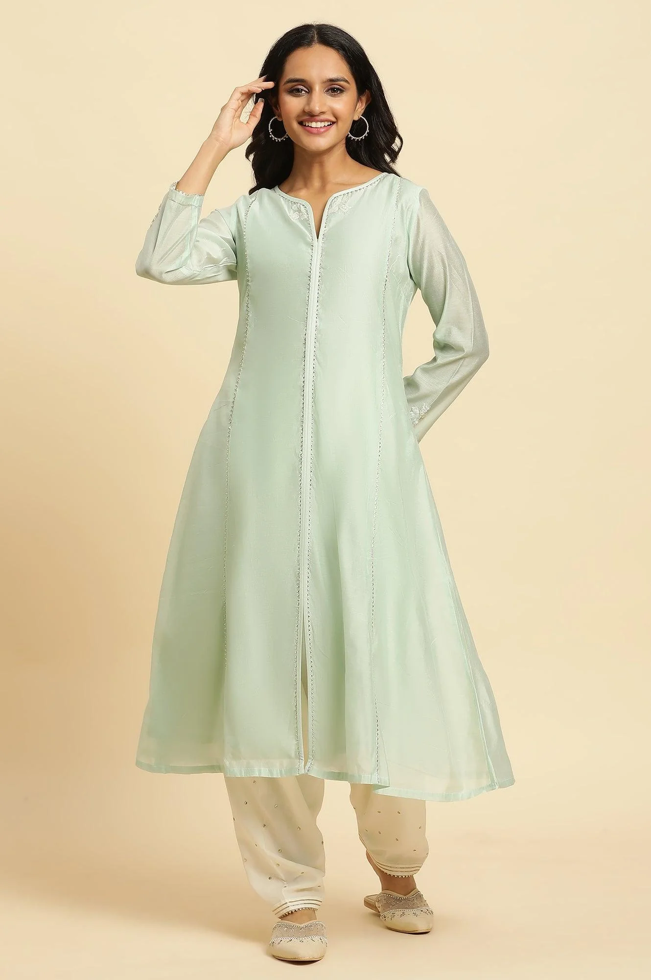 Mint Green Panelled Chanderi Kurta - Image 2