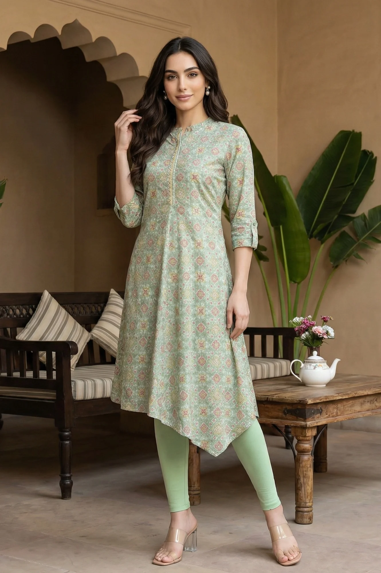 Mint Green Print kurta With Asymmetric Hemline