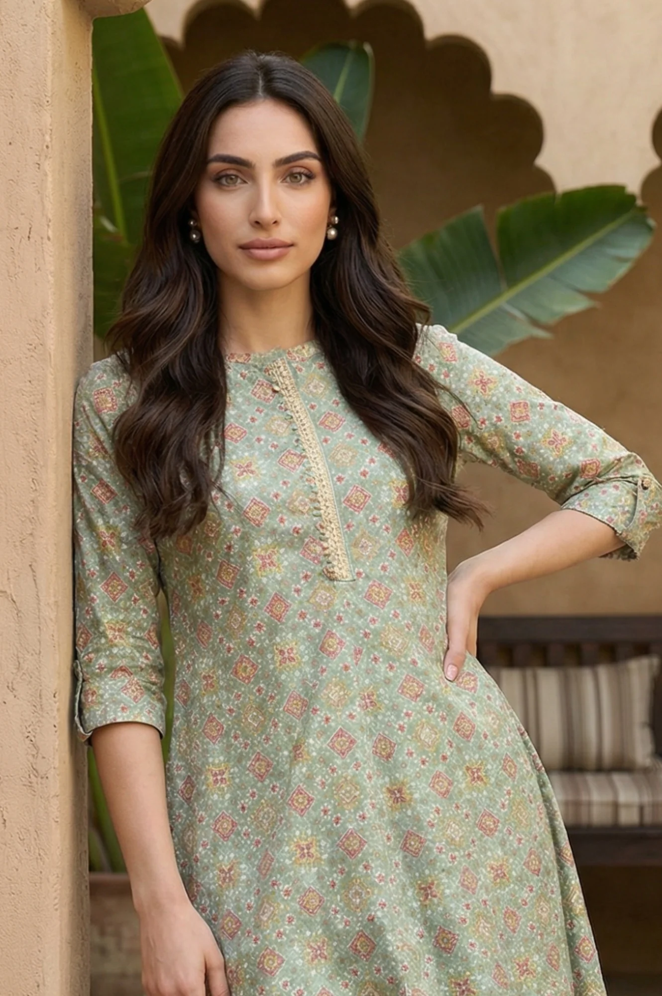 Mint Green Print kurta With Asymmetric Hemline - Image 3