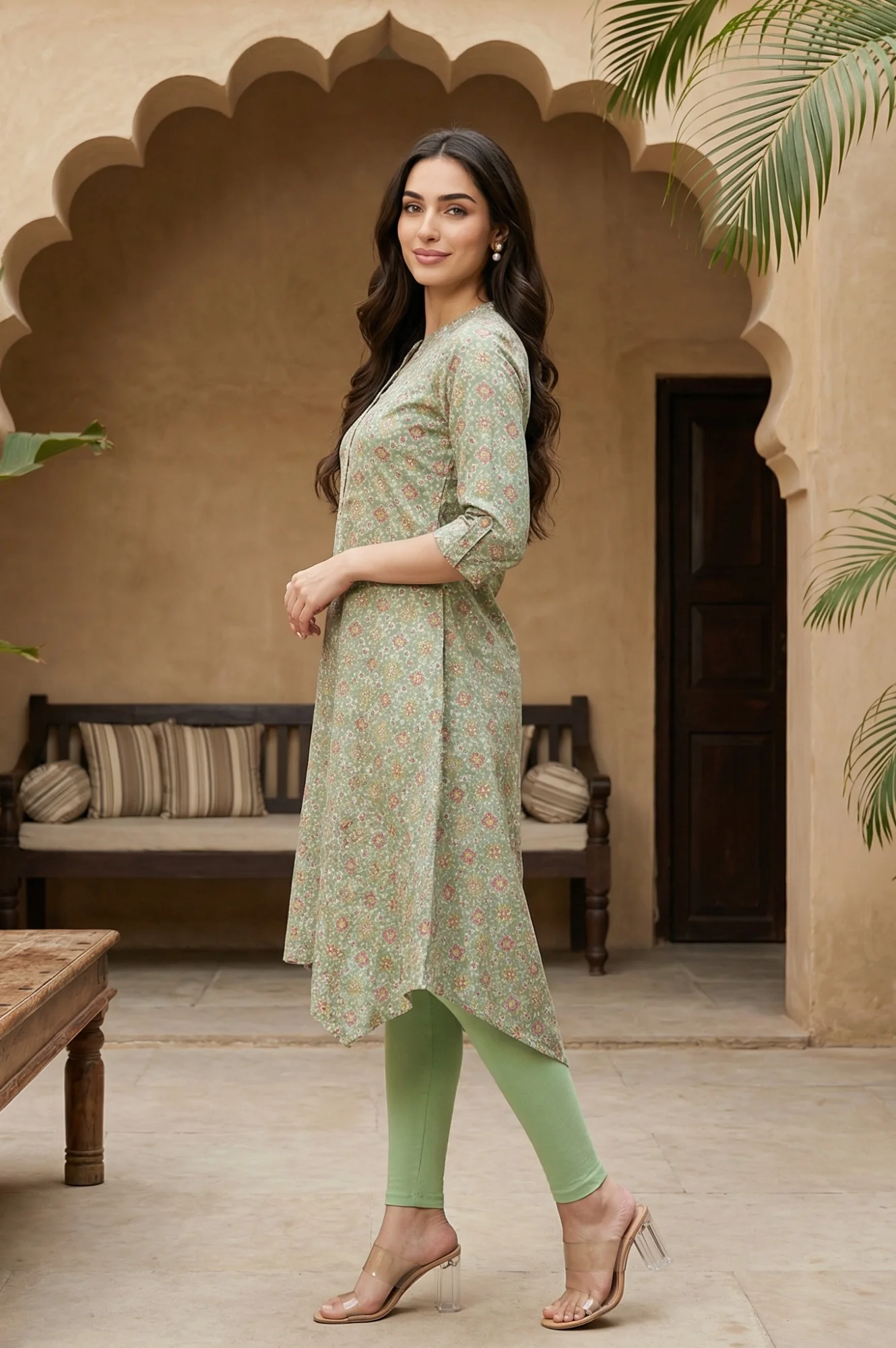 Mint Green Print kurta With Asymmetric Hemline - Image 4