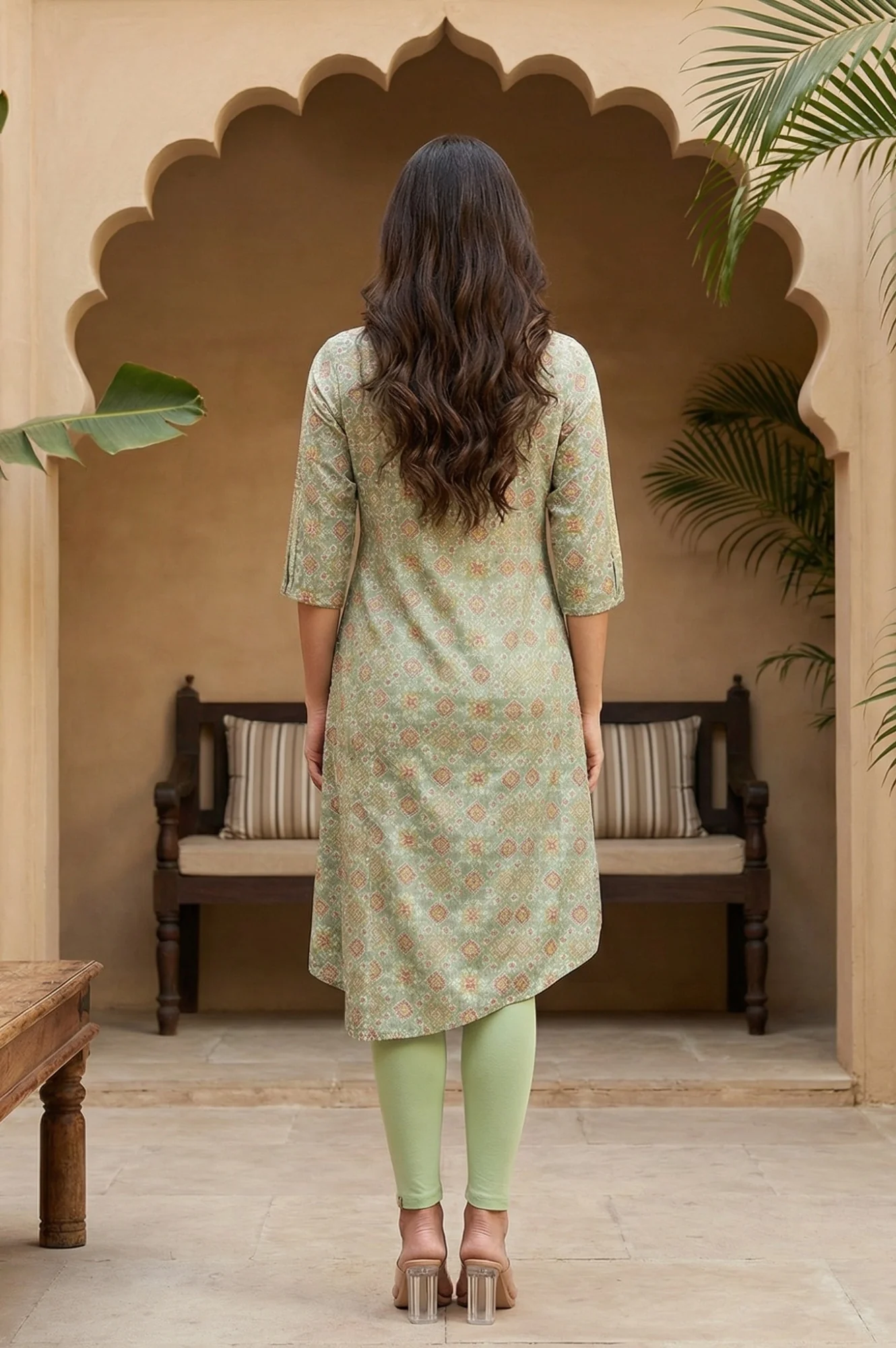 Mint Green Print kurta With Asymmetric Hemline - Image 5
