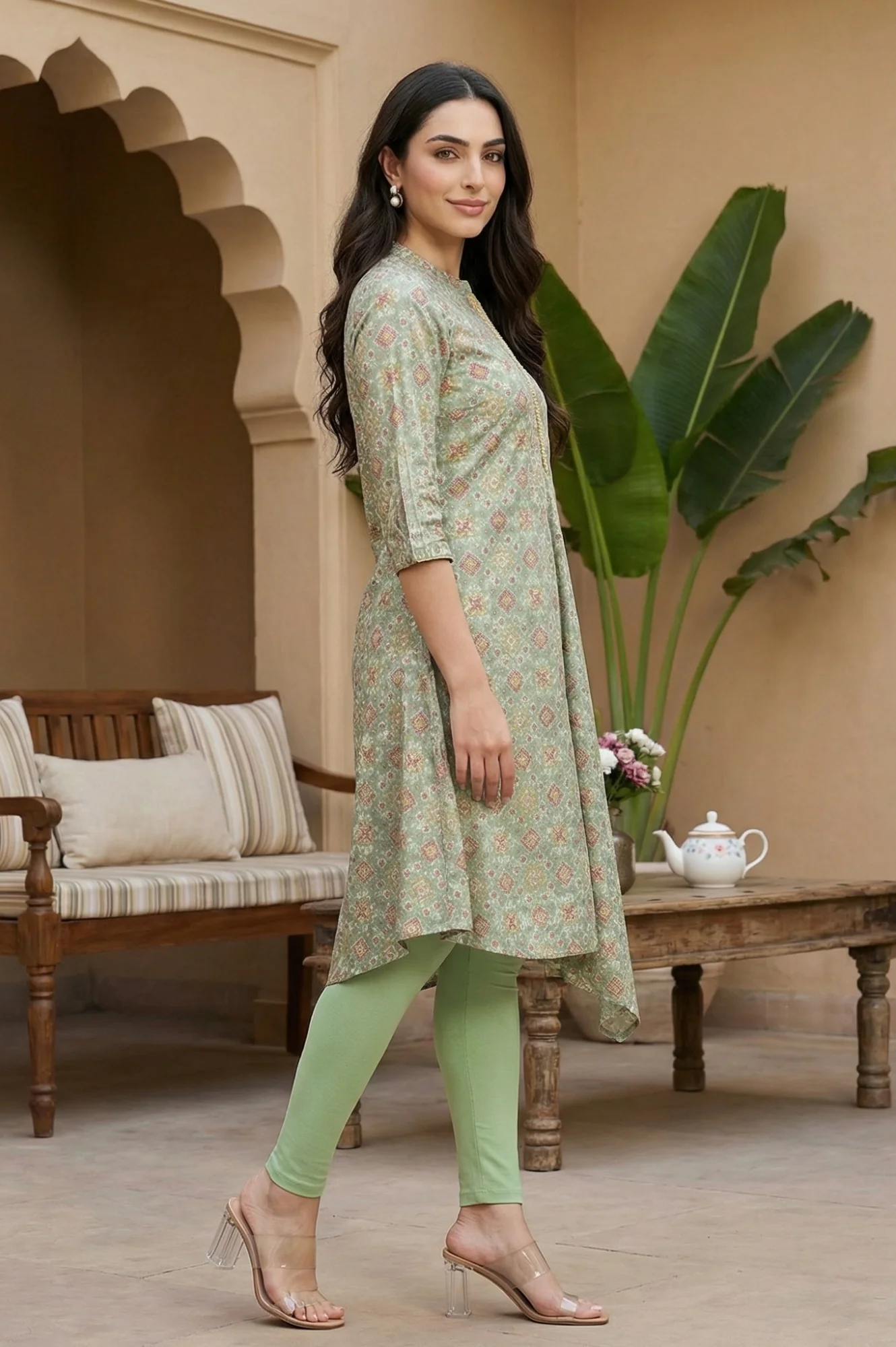 Mint Green Print kurta With Asymmetric Hemline - Image 6