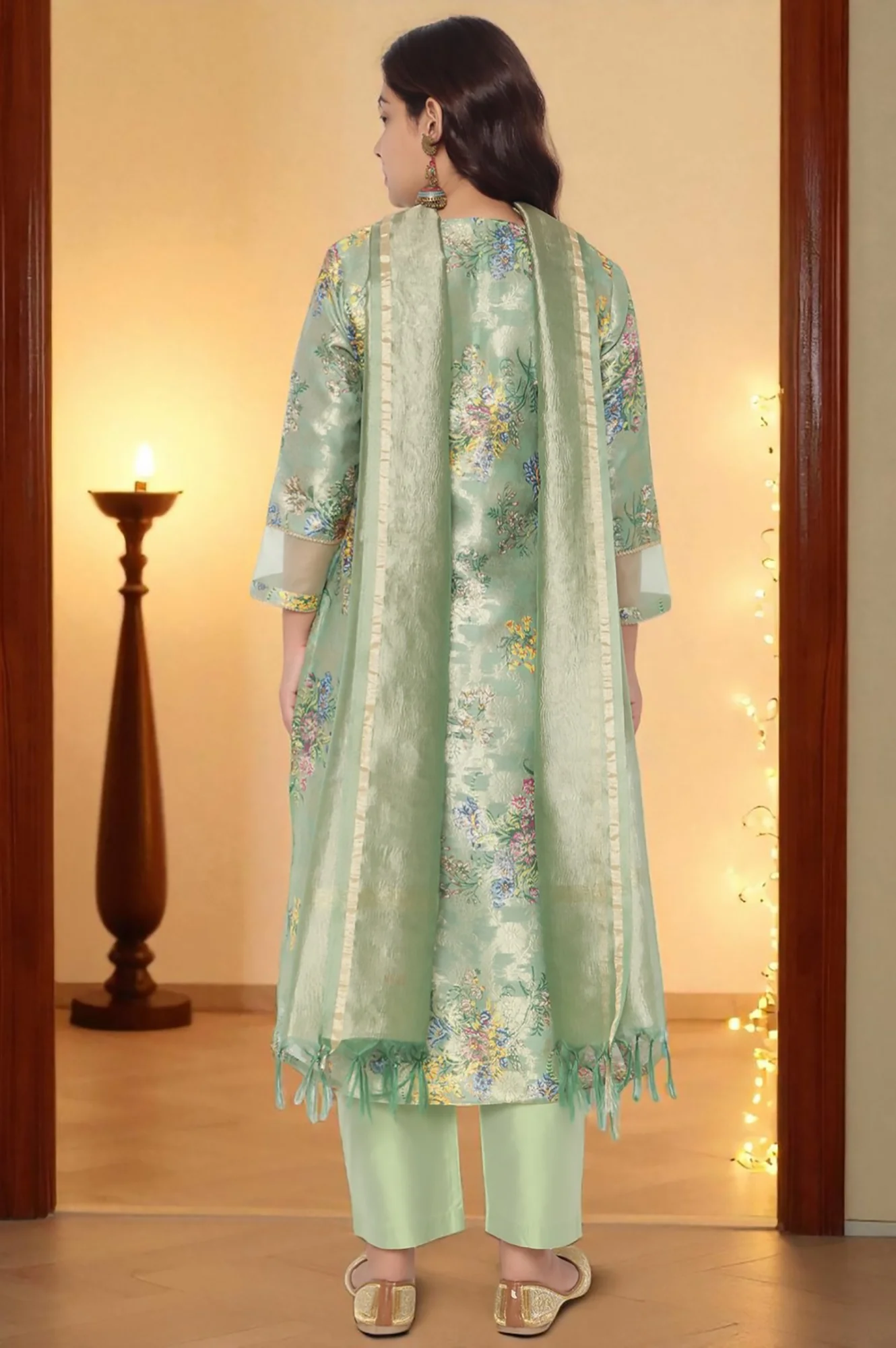 Mint Green Printed Jacquard A-line Kurta, Straight Pant and Dupatta Set - Image 4