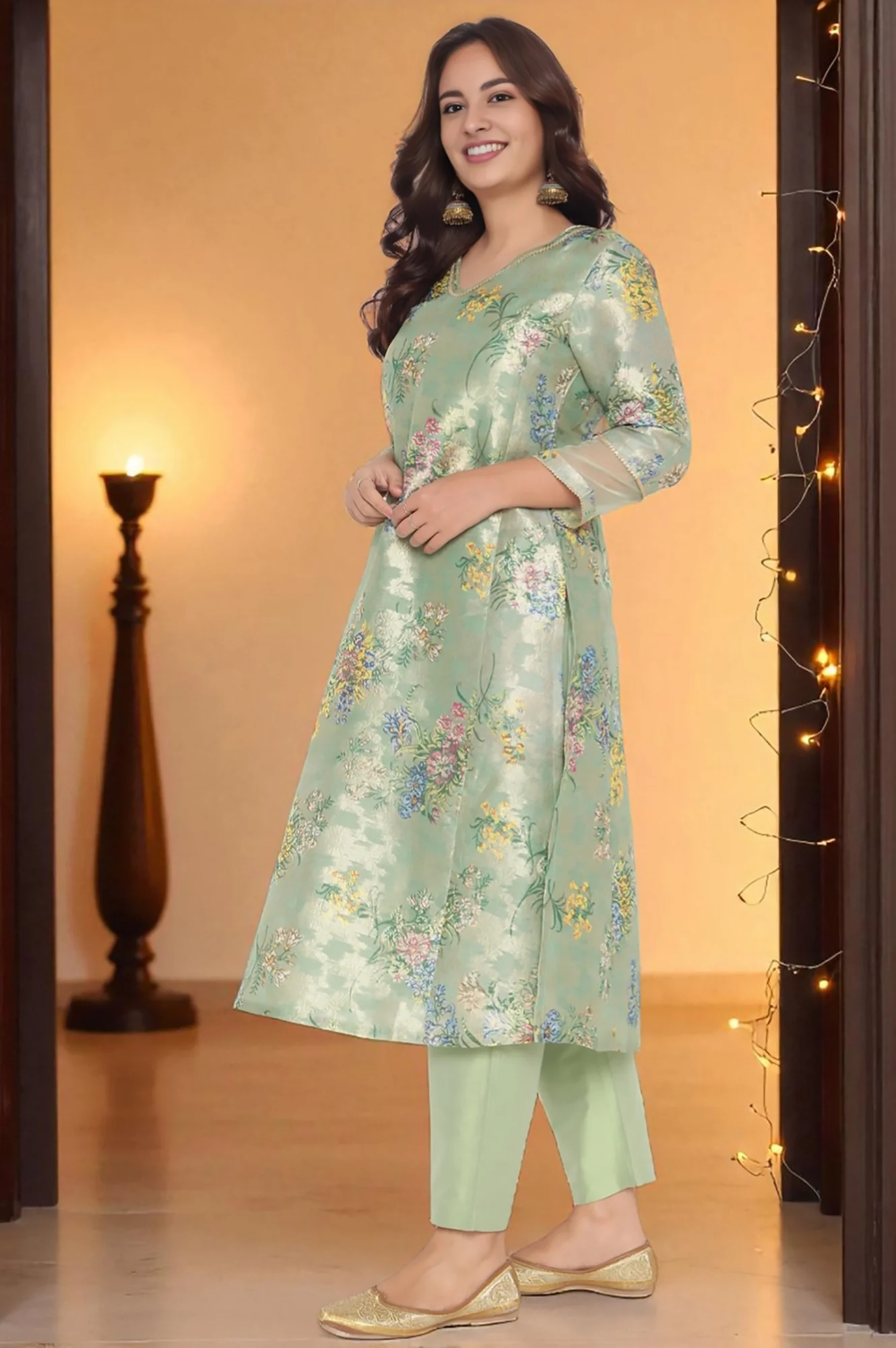 Mint Green Printed Jacquard A-line Kurta, Straight Pant and Dupatta Set - Image 5