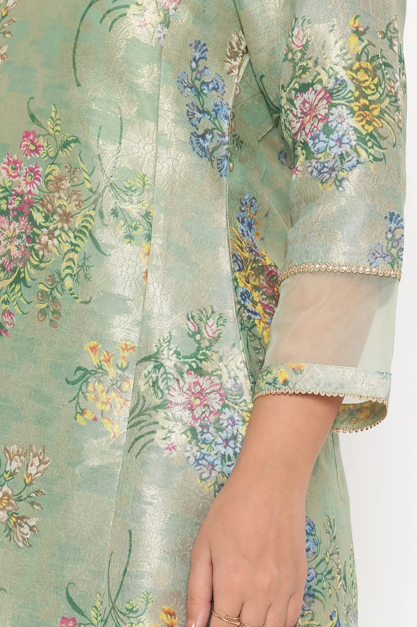 Mint Green Printed Jacquard A-line Kurta, Straight Pant and Dupatta Set - Image 7
