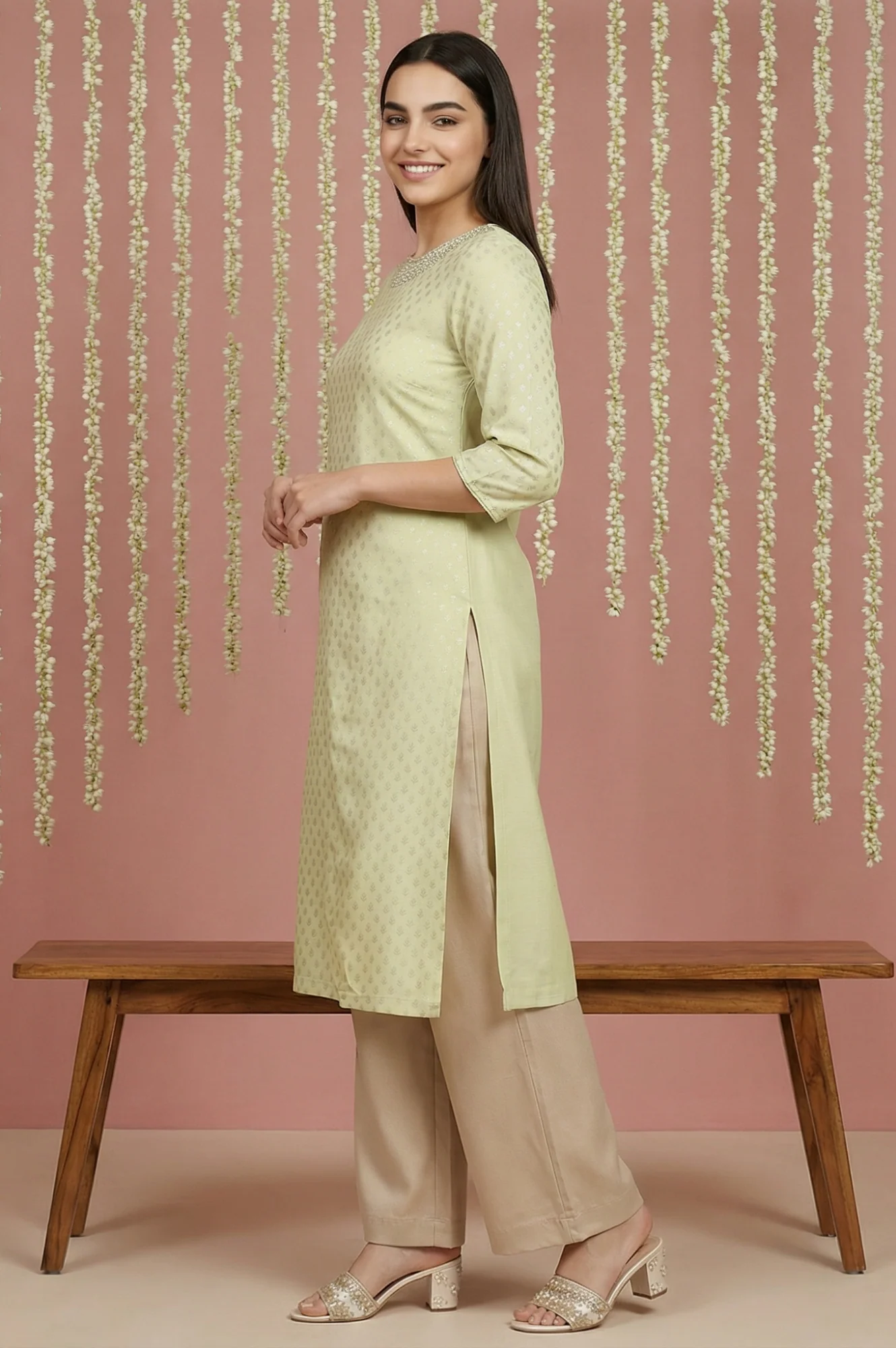 Mint Green Glitter Printed Rayon Straight Kurta with Embroidered Neck - Image 3