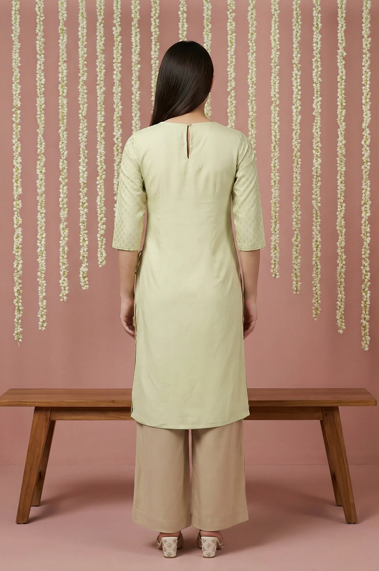 Mint Green Glitter Printed Rayon Straight Kurta with Embroidered Neck - Image 4