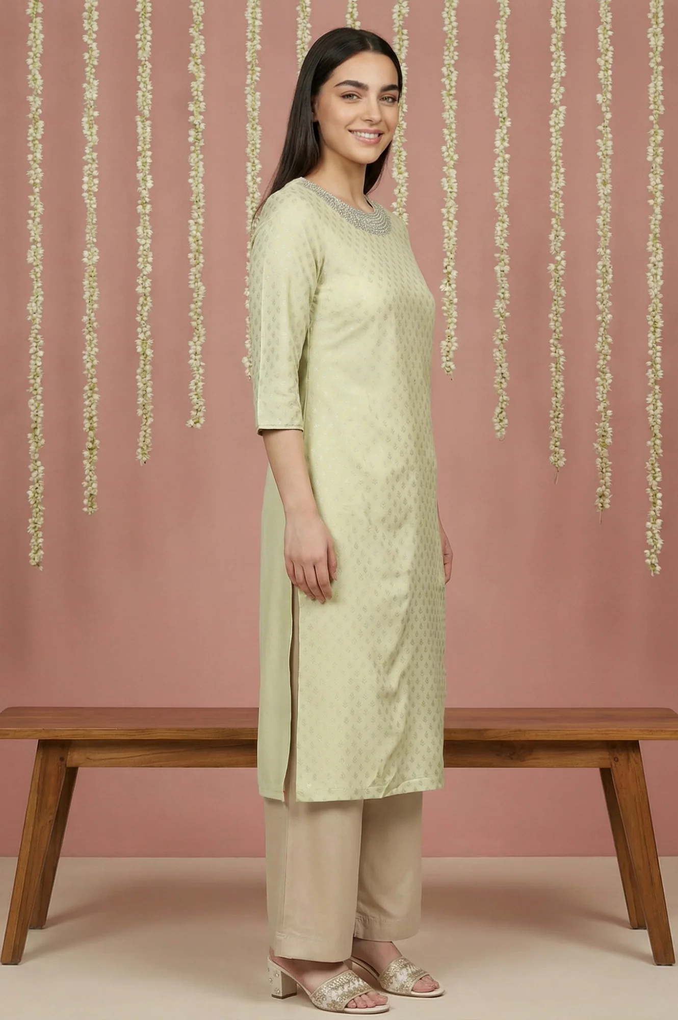 Mint Green Glitter Printed Rayon Straight Kurta with Embroidered Neck - Image 5