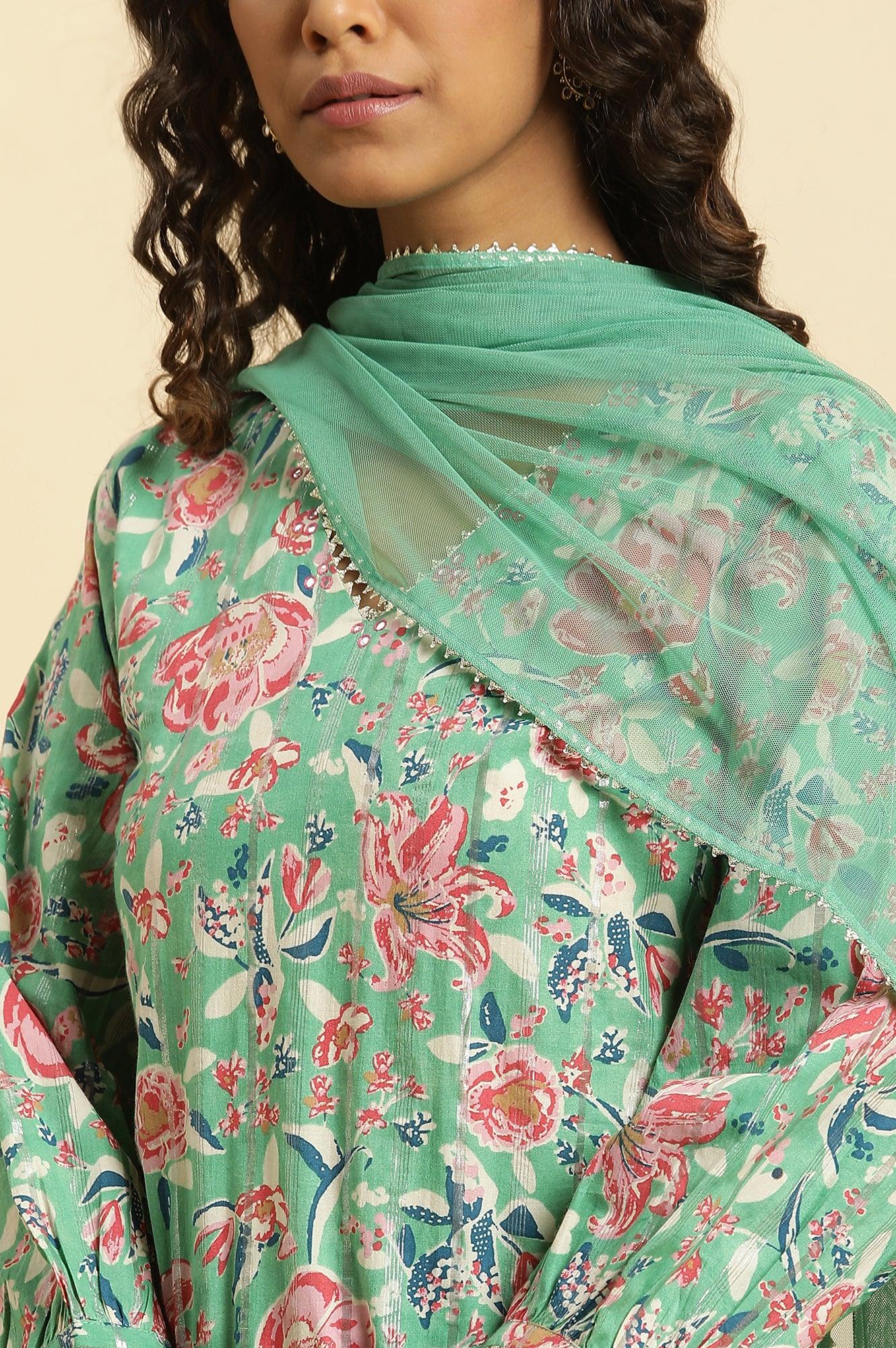 Mint Green Printed Short Kurta, Tiered Sharara and Dupatta Set - Image 7