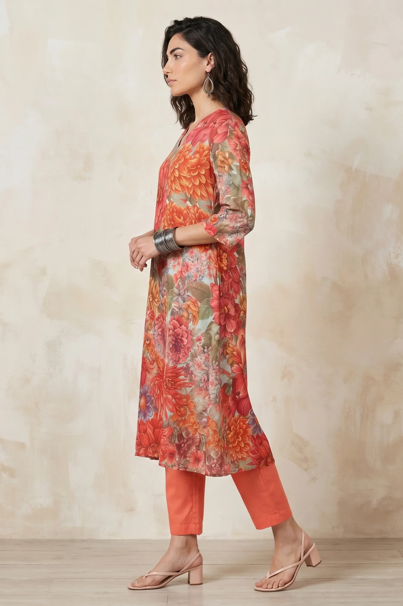 Multi-colour Floral Printed Rayon A-line Kurta with A-line Pants Set - Image 4