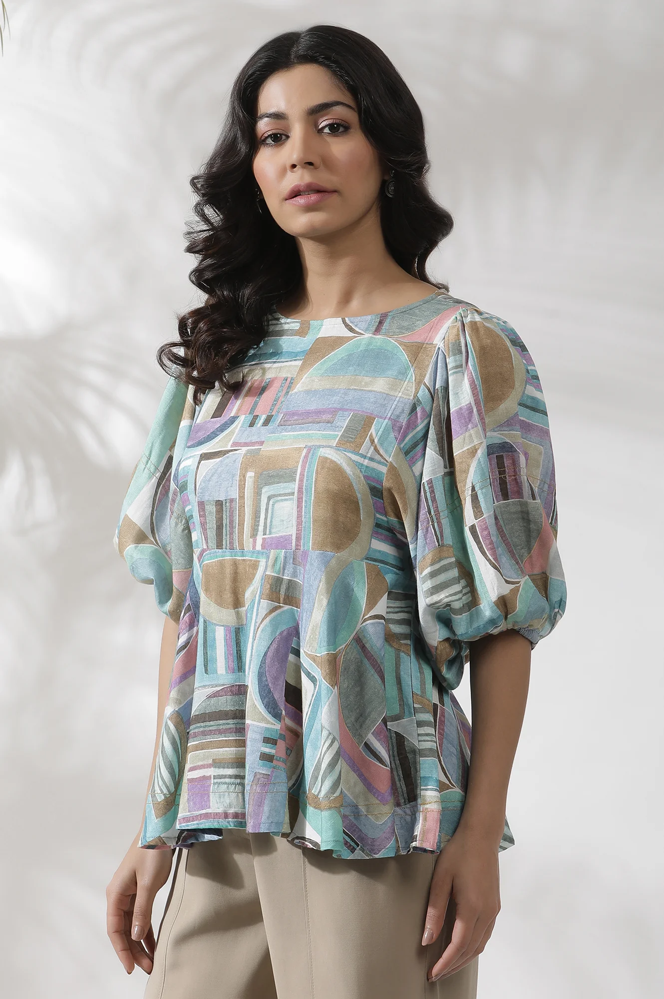 Multi-Coloured Abstract Printed Peplum Top - Image 2