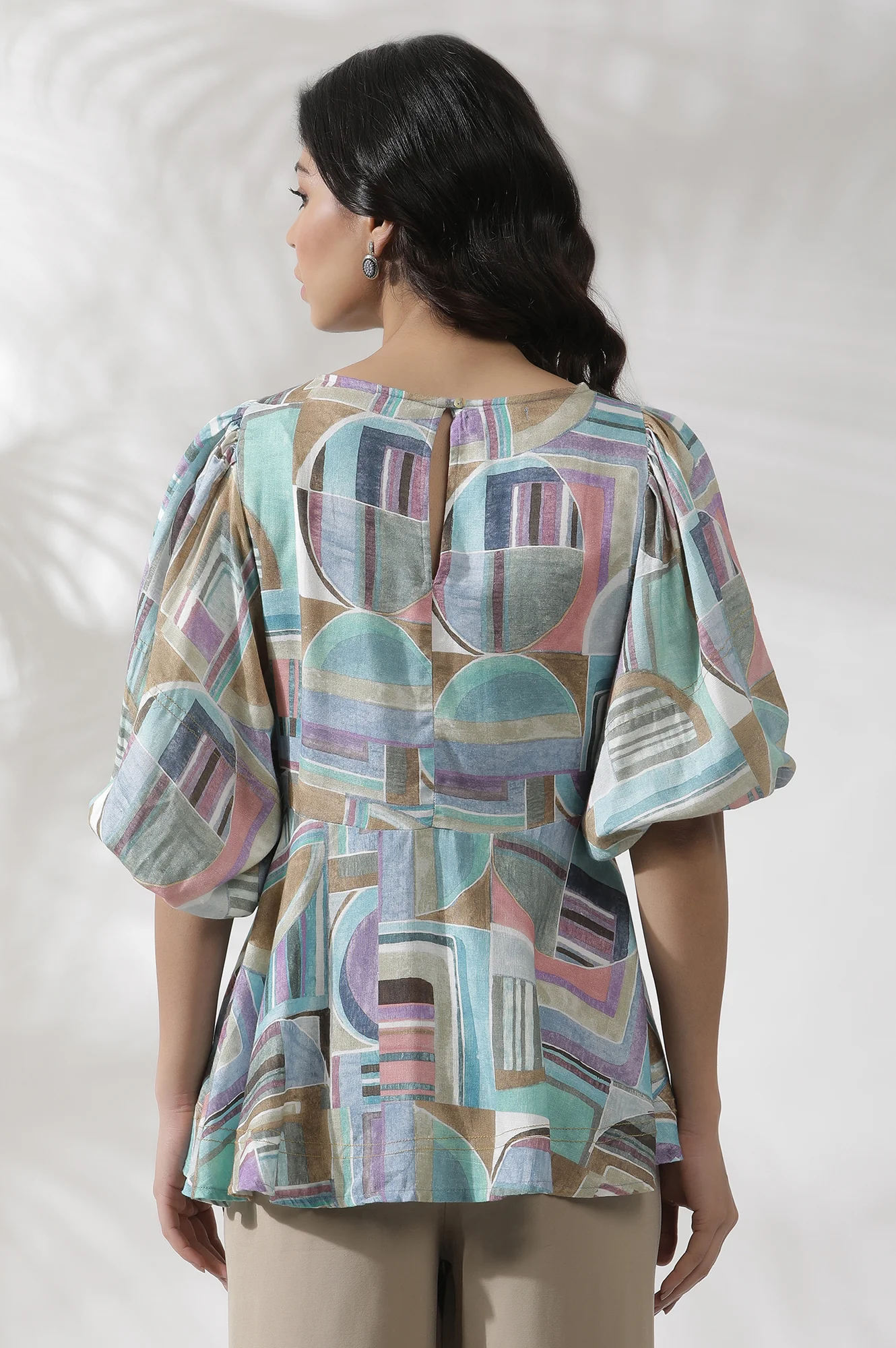 Multi-Coloured Abstract Printed Peplum Top - Image 3