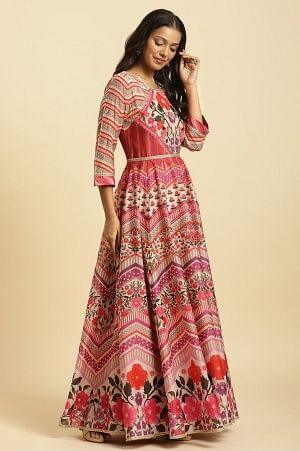 Multi-Coloured Floral Printed Anarkali Dress And Dupatta Set - Image 5