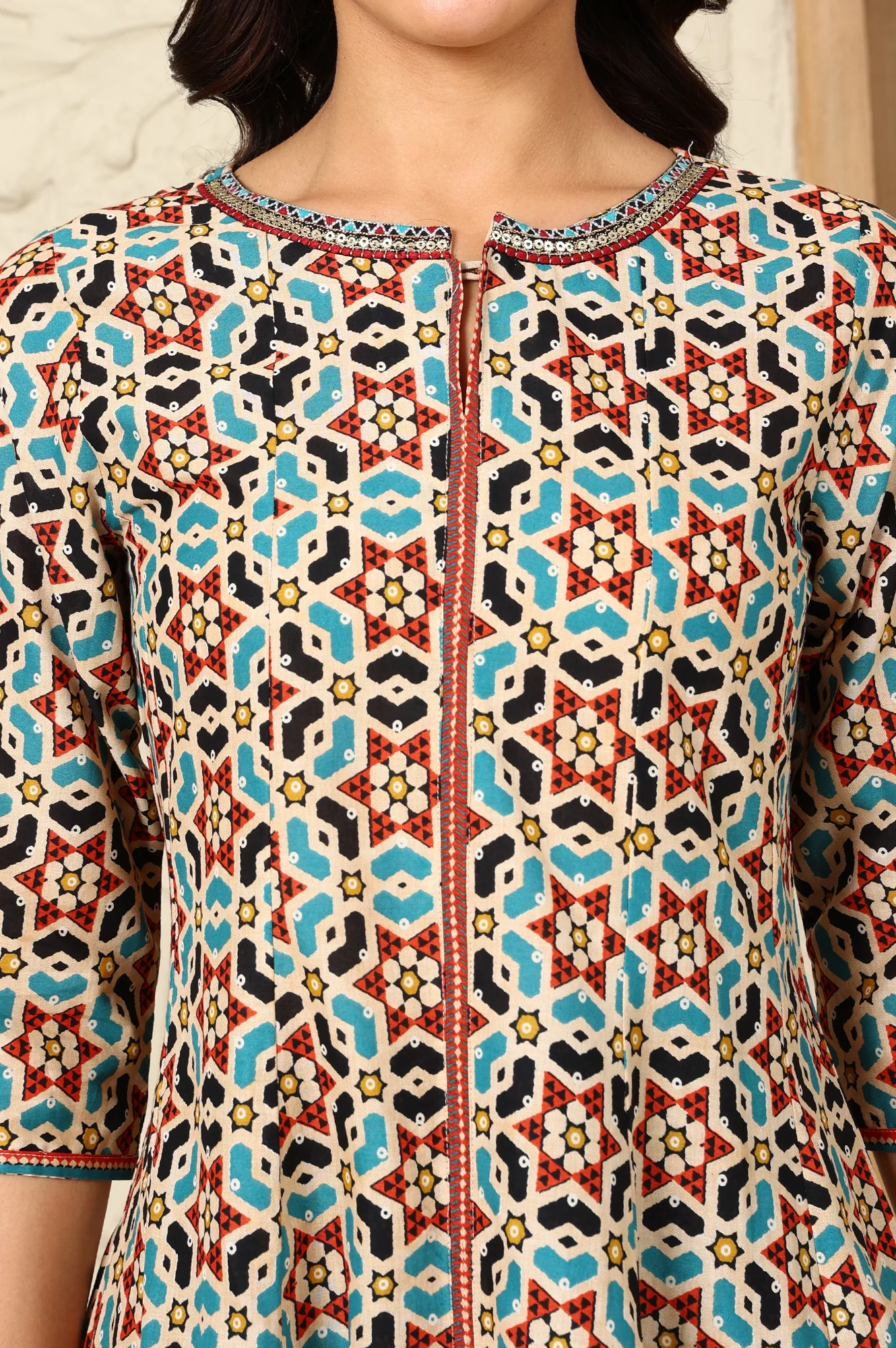 Multi-Coloured Geometric Printed Pure Cotton Flared Kurta With Metallic Embroidered Neckline - Image 3