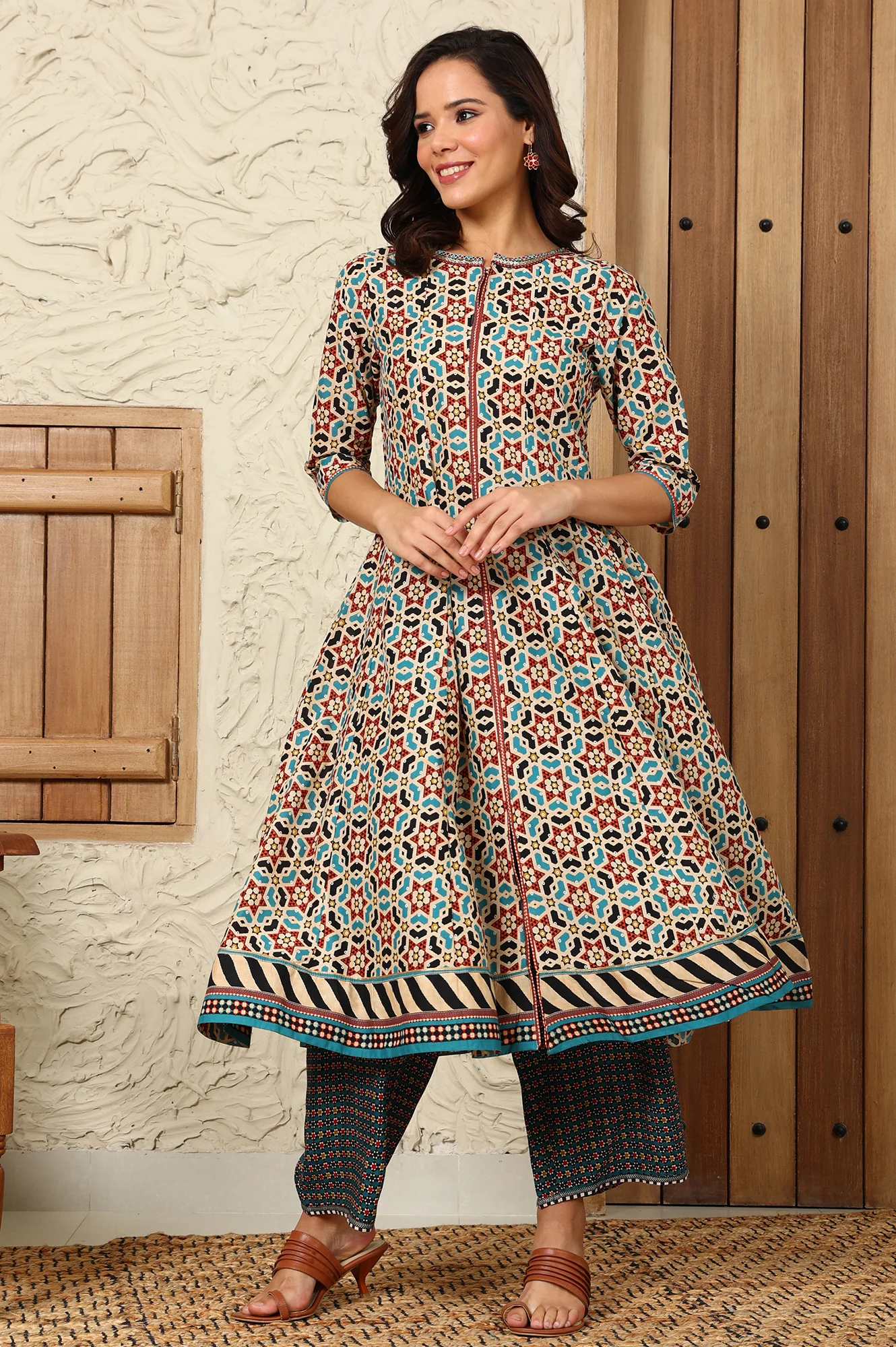 Multi-Coloured Geometric Printed Pure Cotton Flared Kurta With Metallic Embroidered Neckline - Image 4