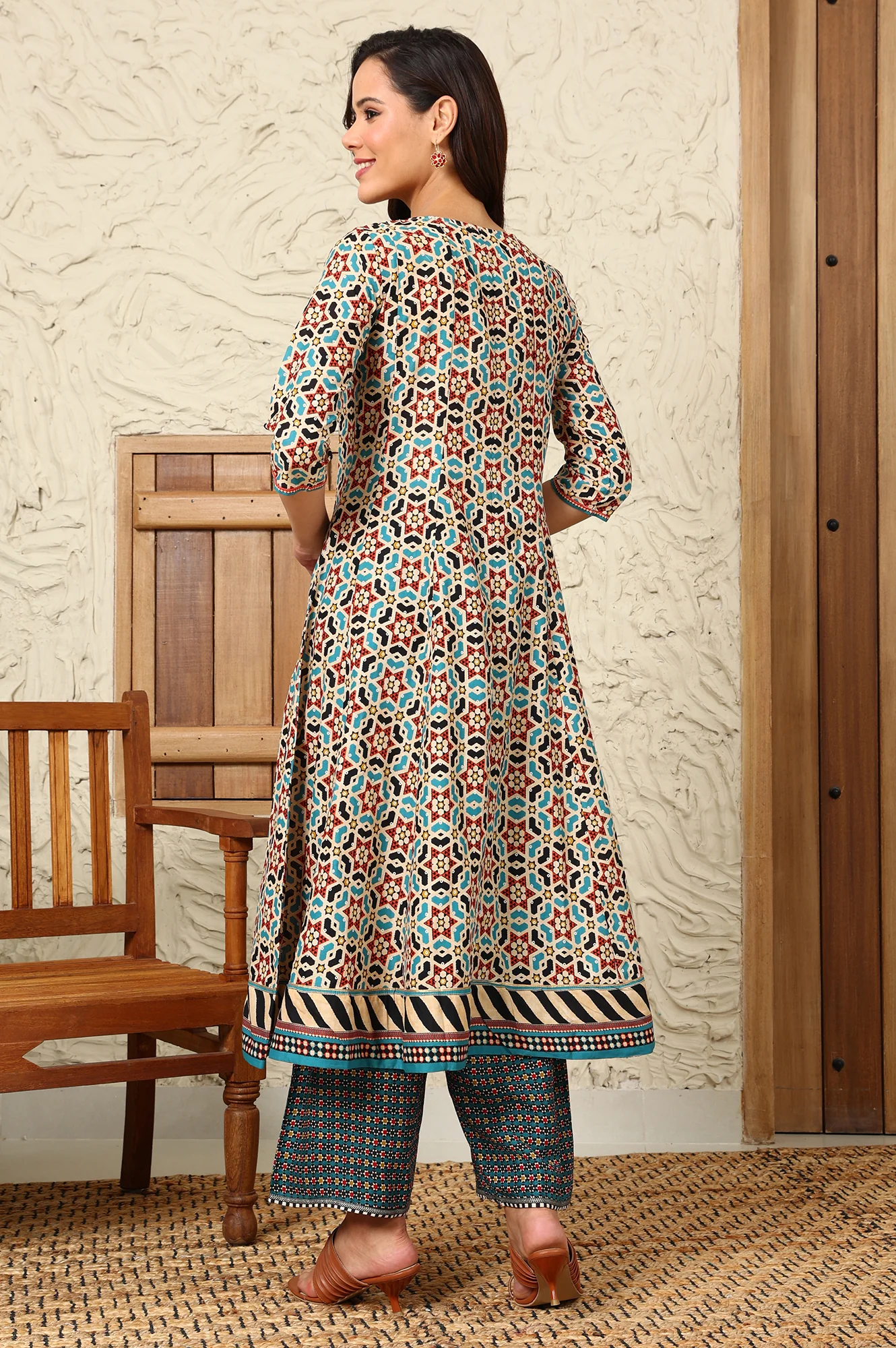 Multi-Coloured Geometric Printed Pure Cotton Flared Kurta With Metallic Embroidered Neckline - Image 5