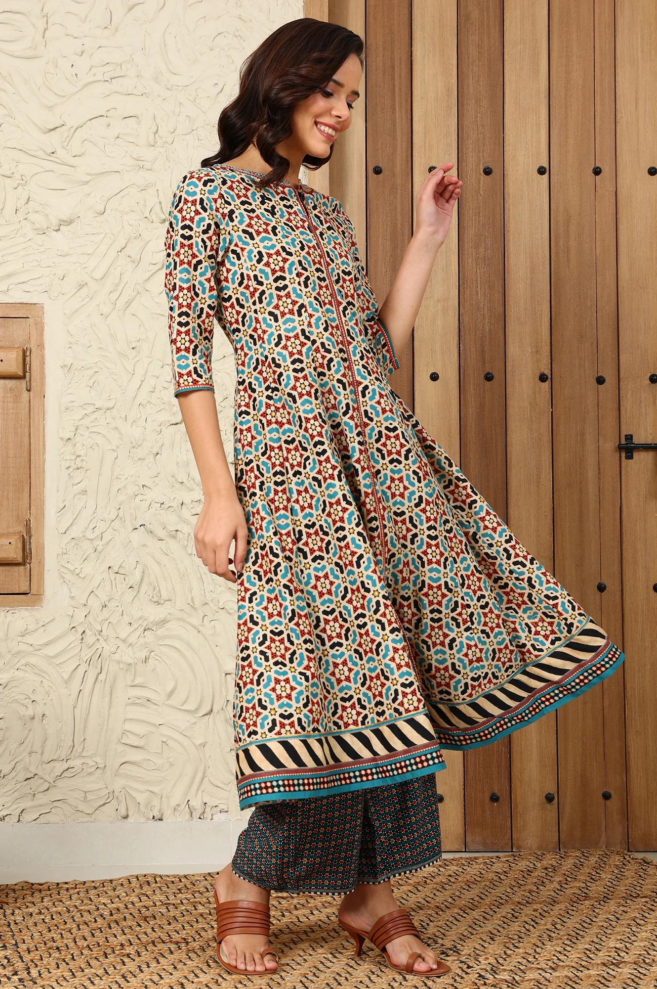 Multi-Coloured Geometric Printed Pure Cotton Flared Kurta With Metallic Embroidered Neckline - Image 6