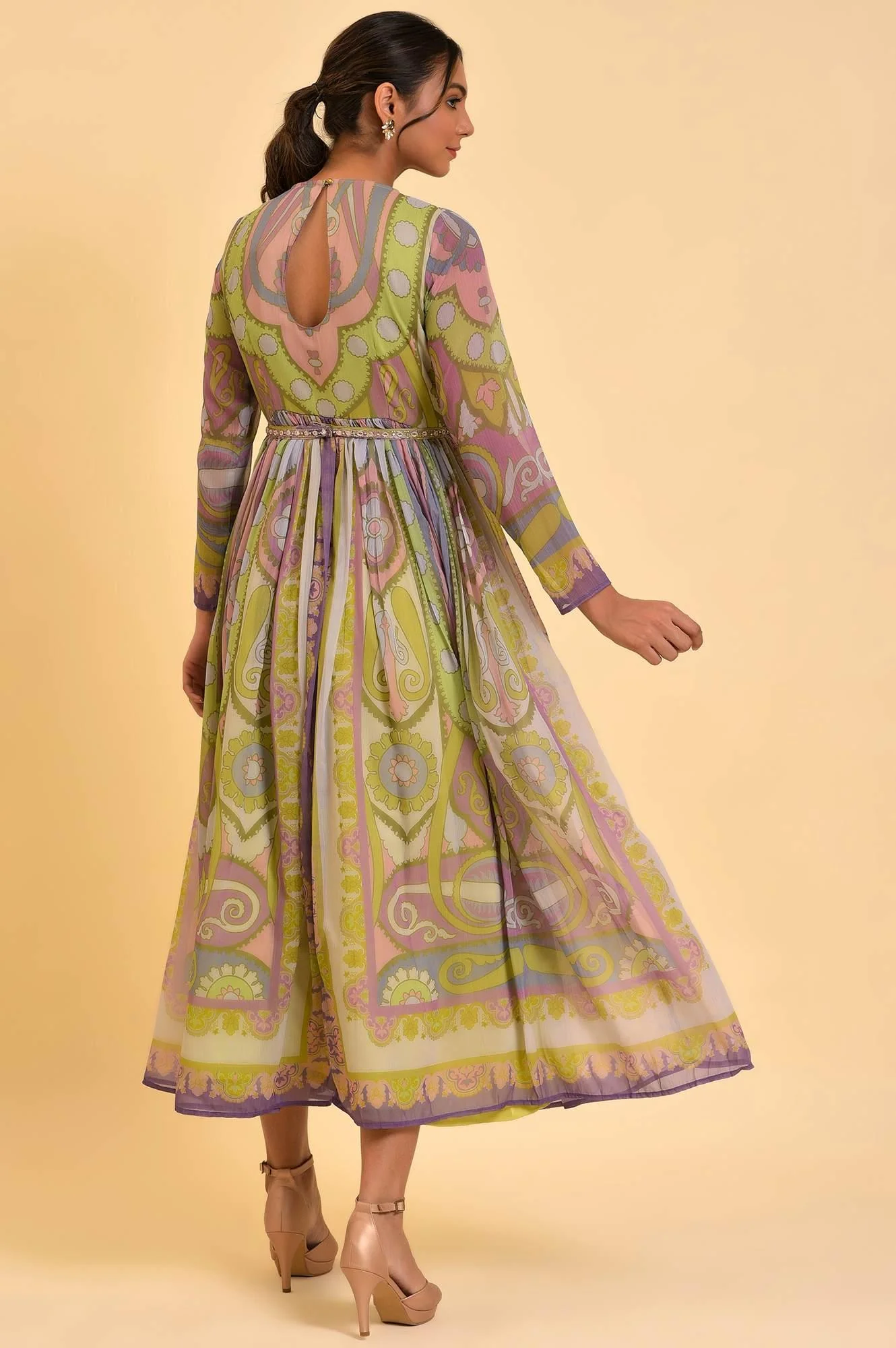 Multi-Coloured Printed Flared Dress With Belt - Image 2