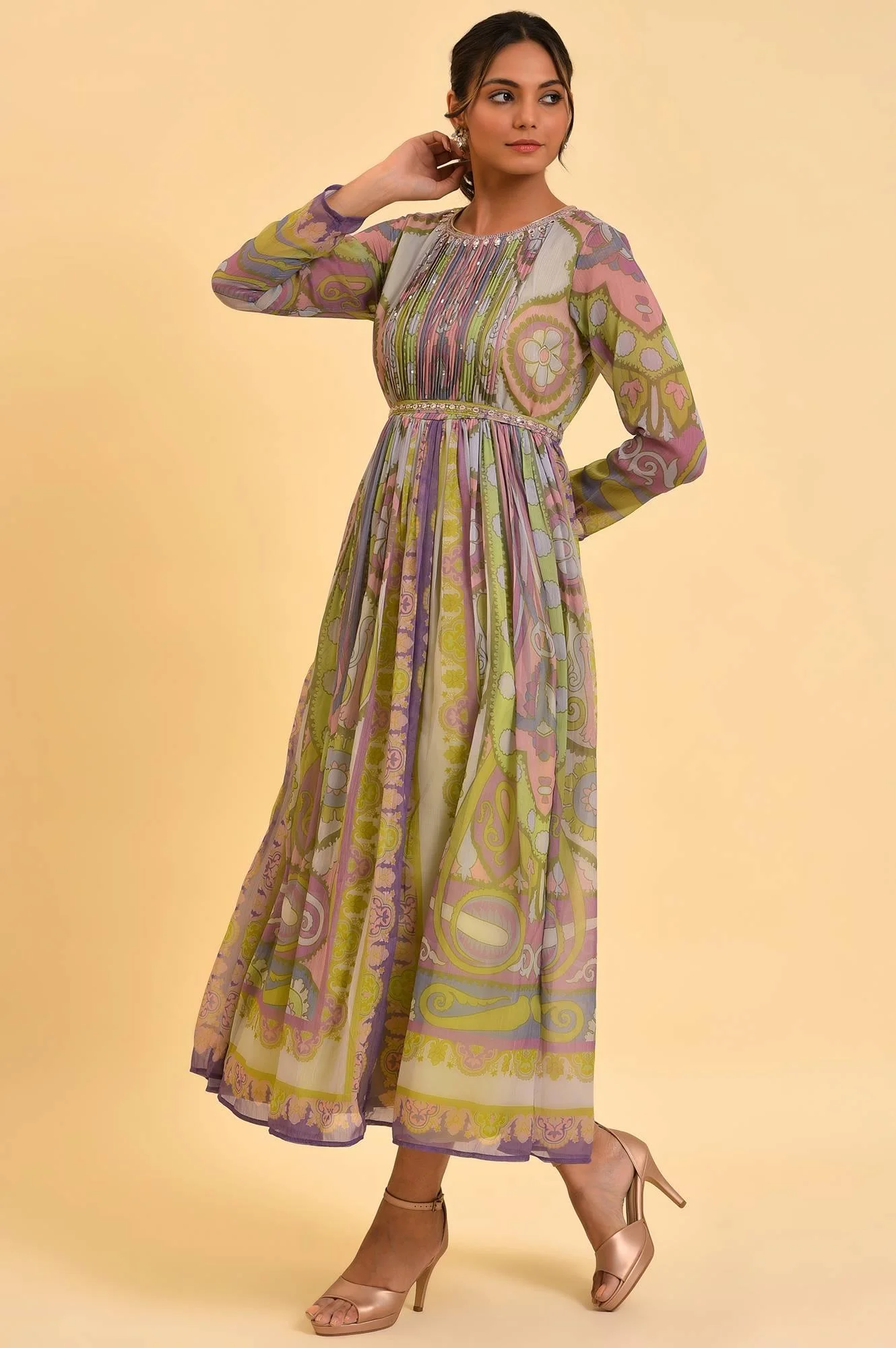 Multi-Coloured Printed Flared Dress With Belt - Image 3