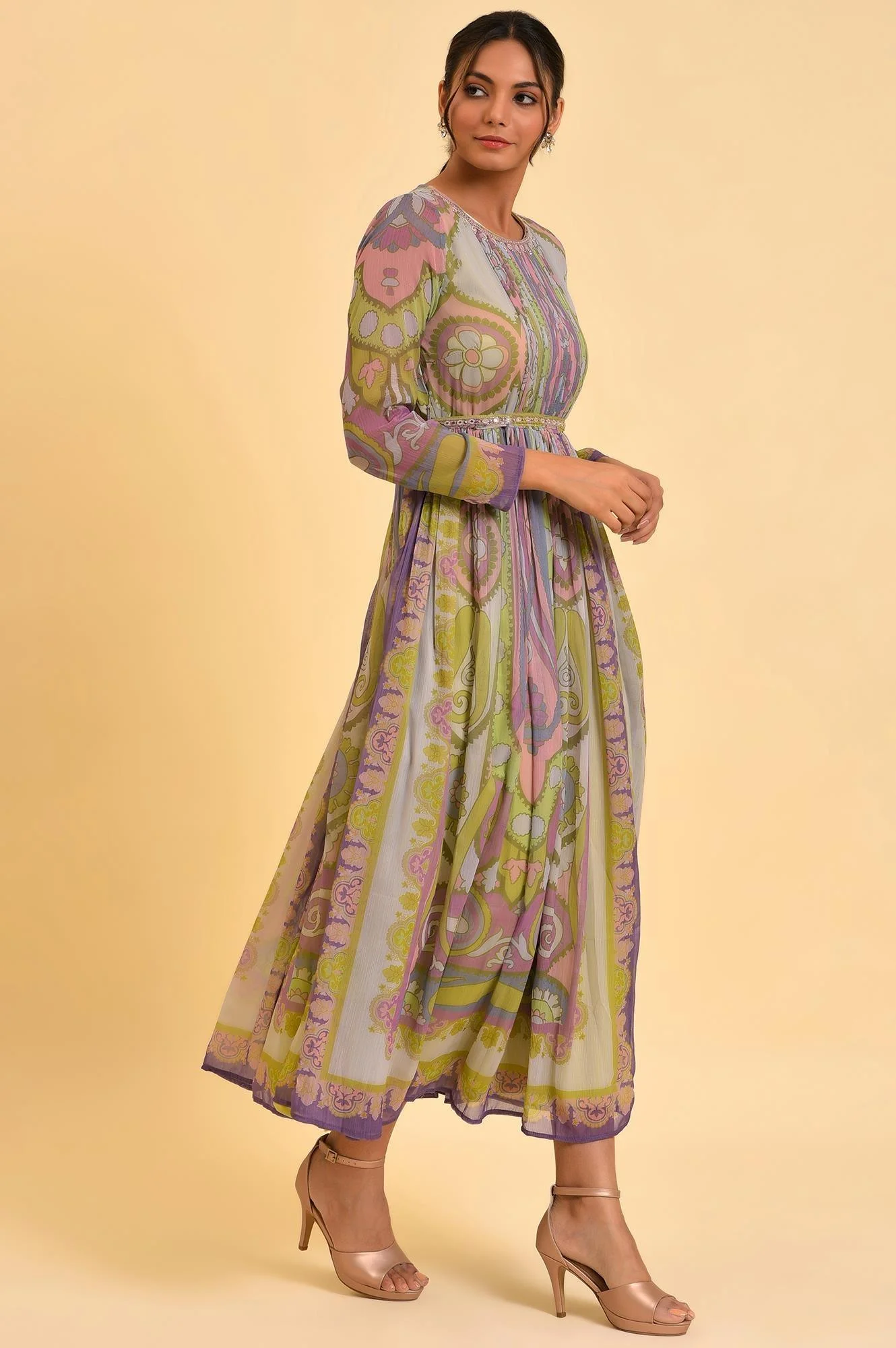 Multi-Coloured Printed Flared Dress With Belt - Image 4