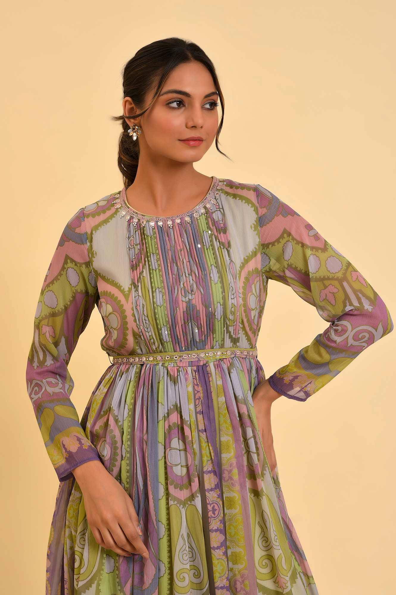 Multi-Coloured Printed Flared Dress With Belt - Image 5