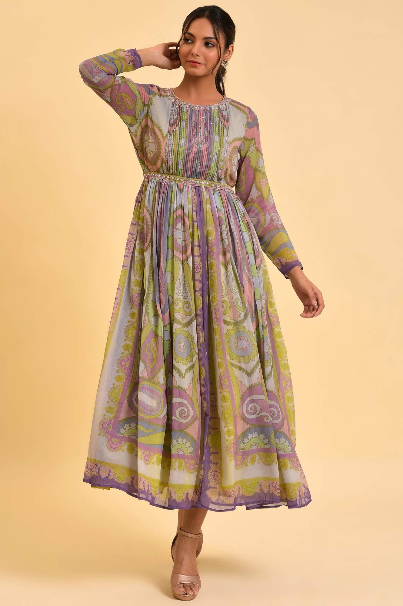 Multi-Coloured Printed Flared Dress With Belt - Image 6