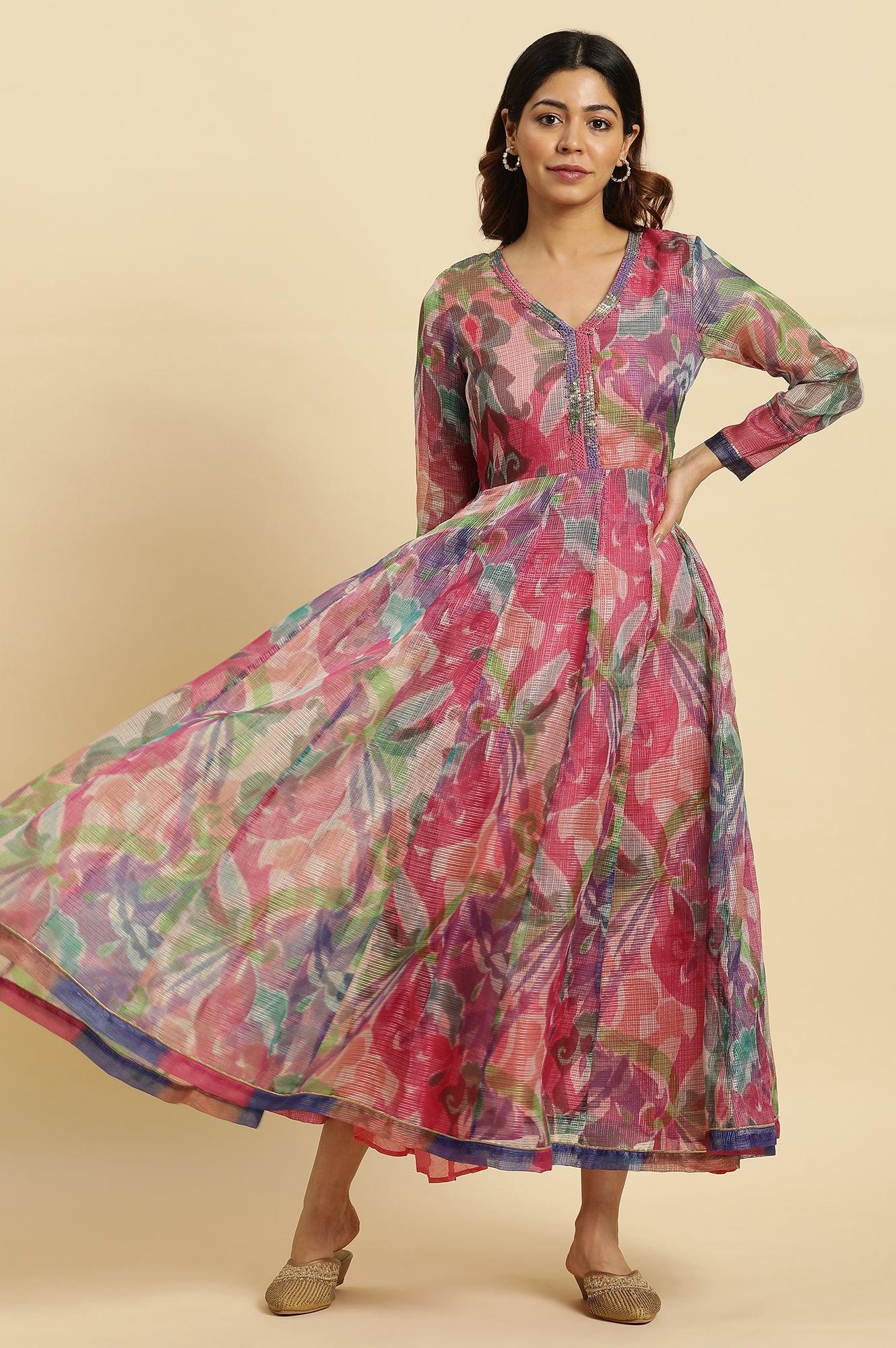 Multi‑Coloured Printed Flared Long Kota Cotton Kurta - Image 2