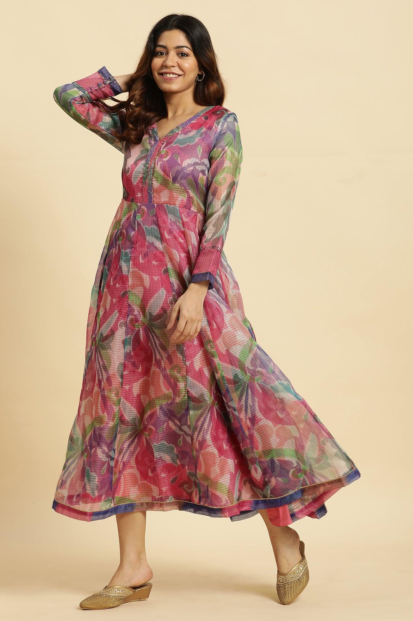 Multi‑Coloured Printed Flared Long Kota Cotton Kurta - Image 3