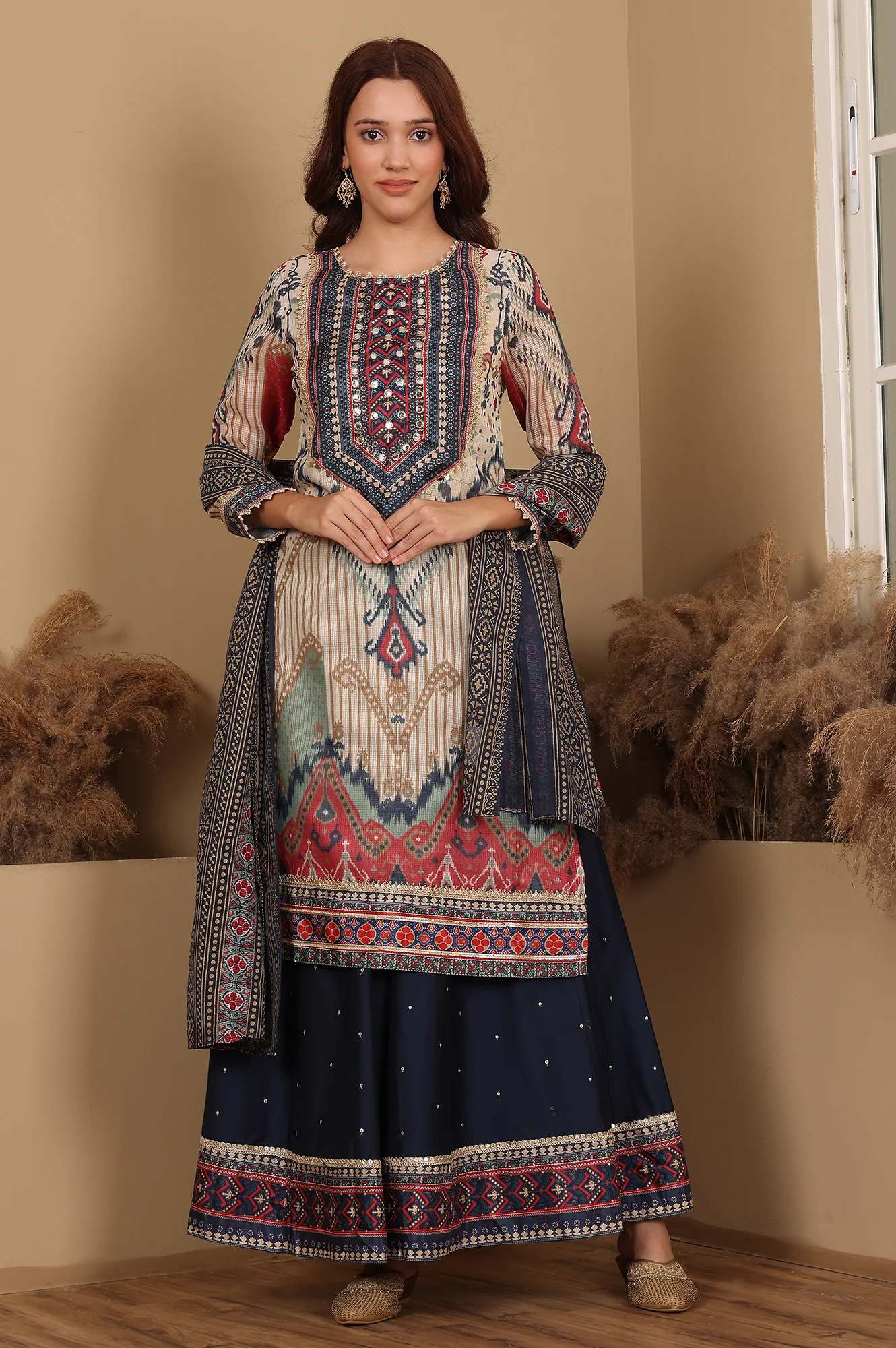 Multi-Coloured Printed Sequined Kota Kurta, Flared Culottes And Dupatta Set - Image 2