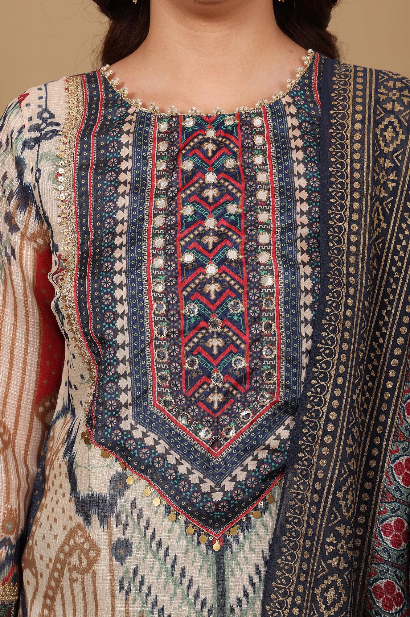 Multi-Coloured Printed Sequined Kota Kurta, Flared Culottes And Dupatta Set - Image 3