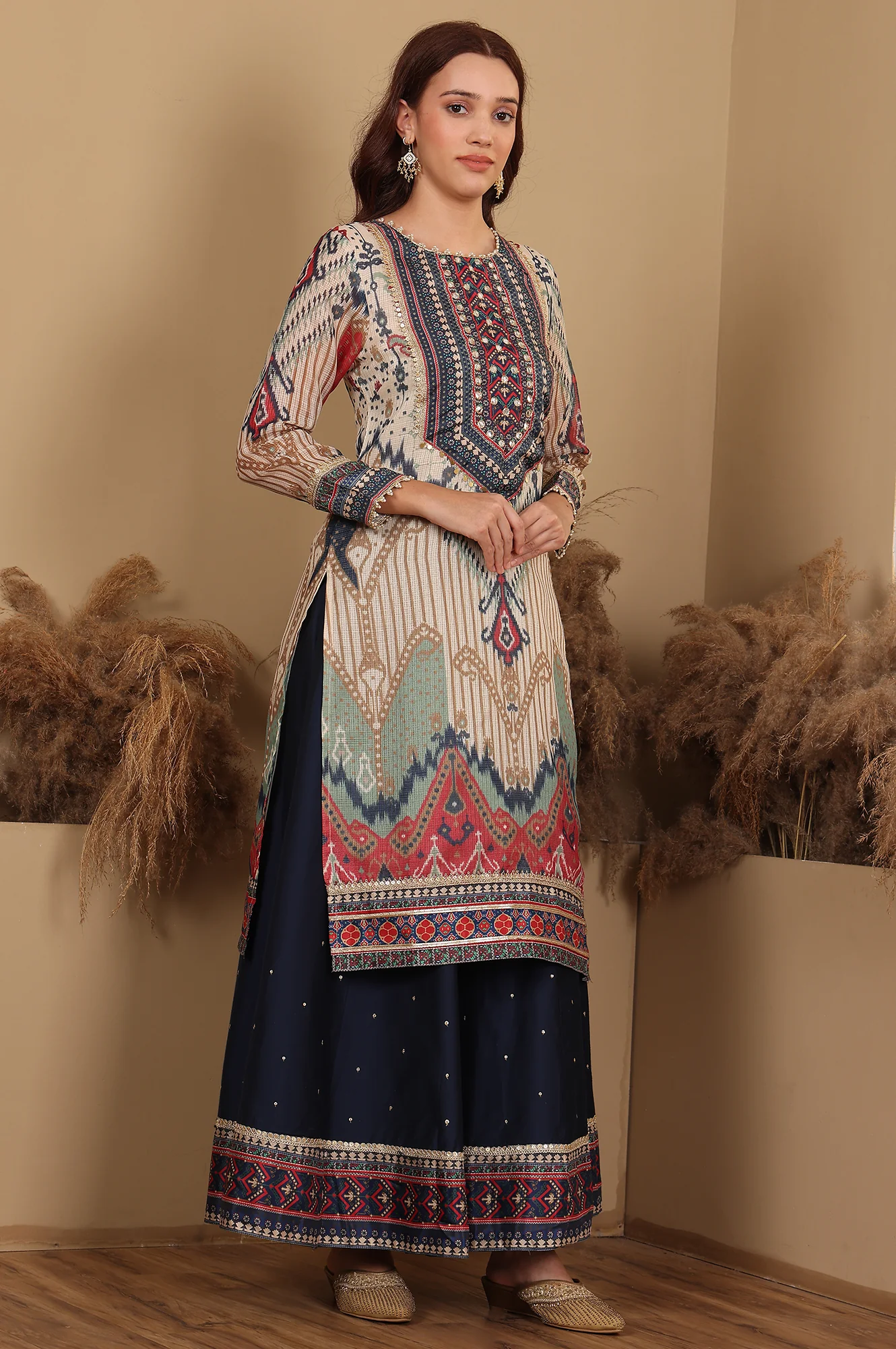 Multi-Coloured Printed Sequined Kota Kurta, Flared Culottes And Dupatta Set - Image 4