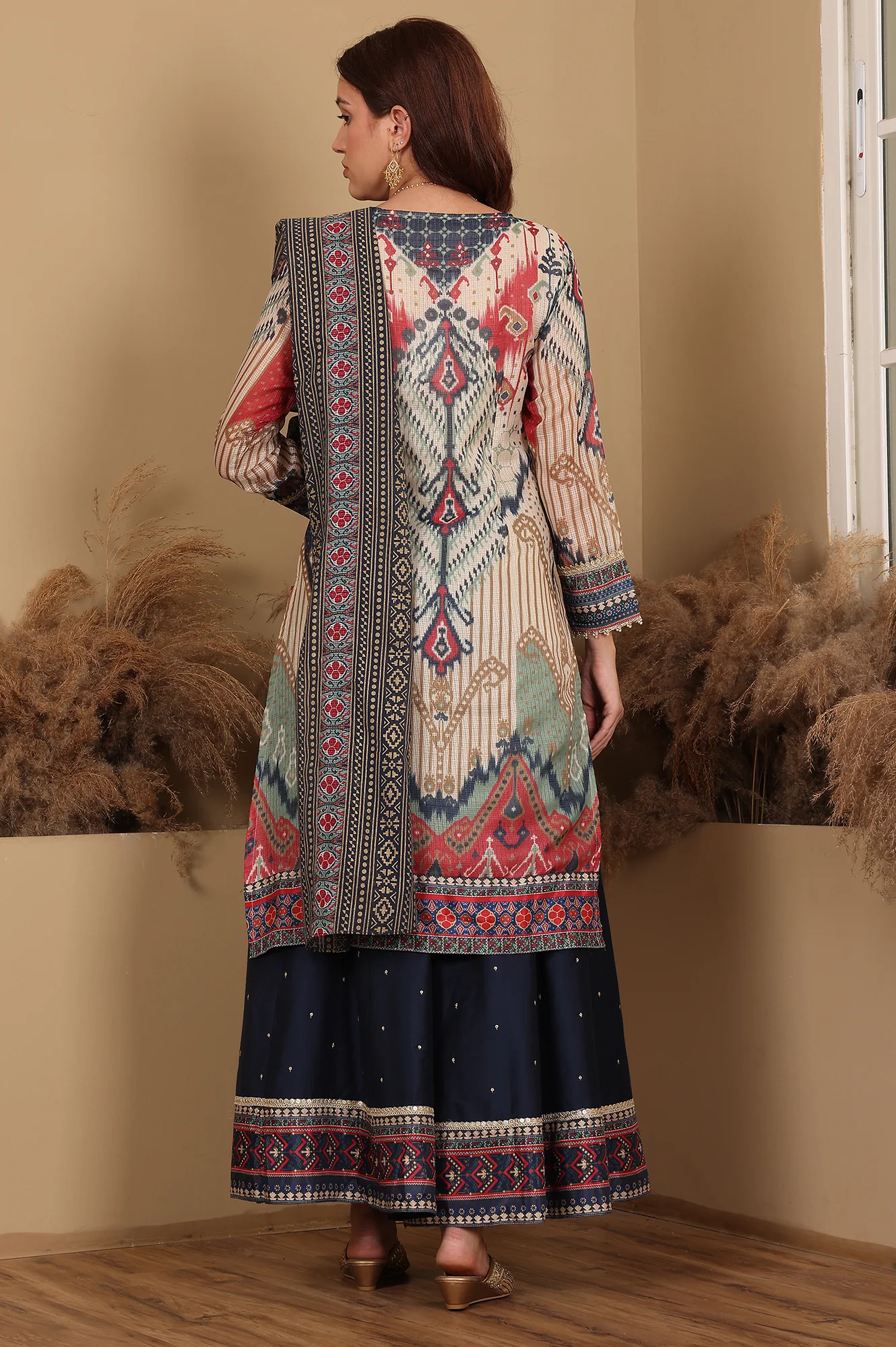 Multi-Coloured Printed Sequined Kota Kurta, Flared Culottes And Dupatta Set - Image 5