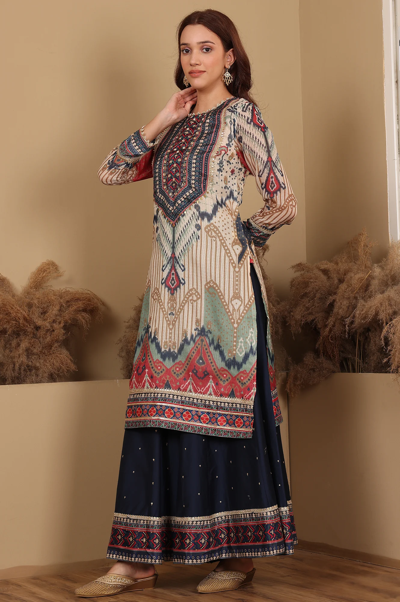 Multi-Coloured Printed Sequined Kota Kurta, Flared Culottes And Dupatta Set - Image 6