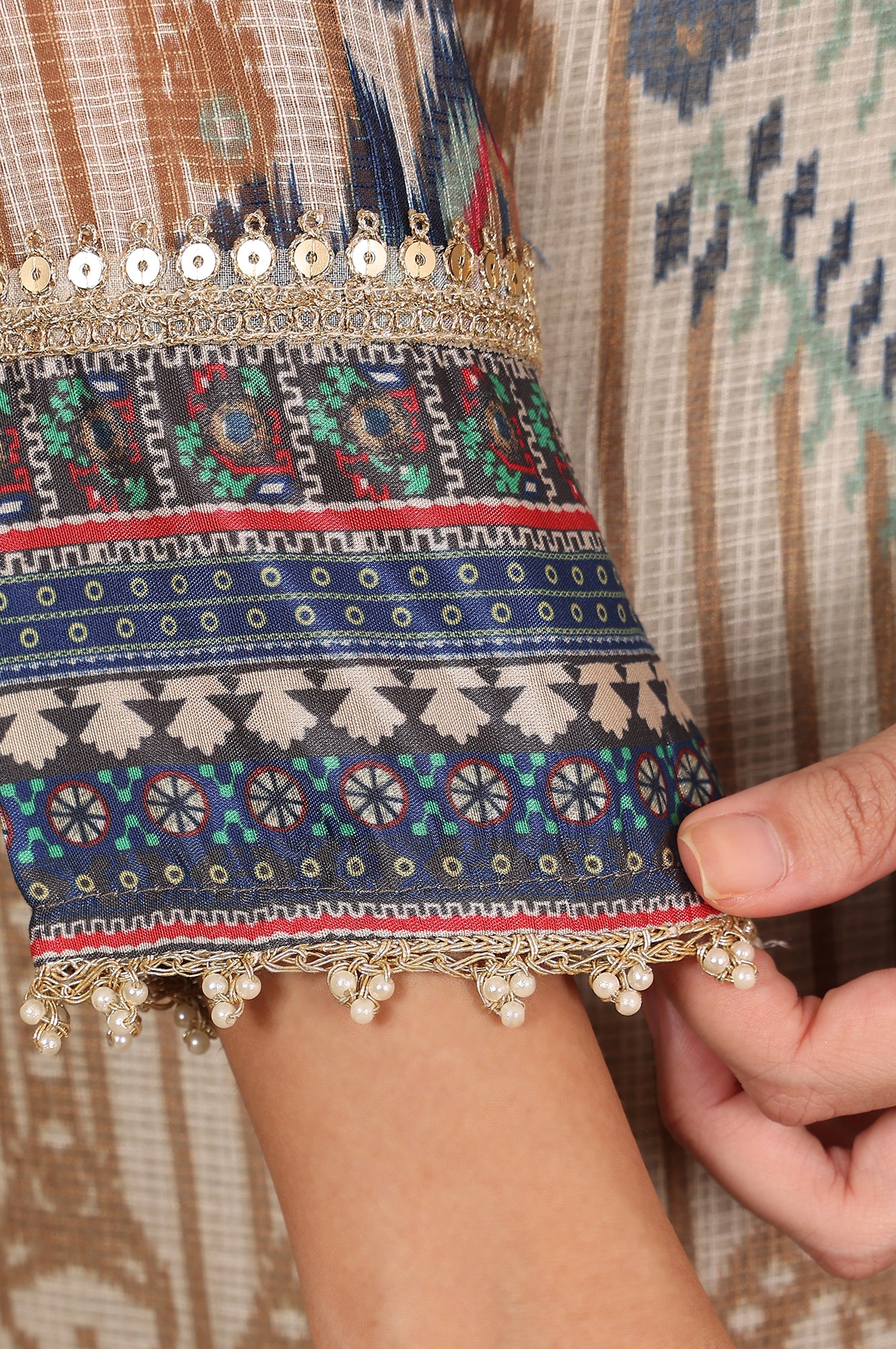 Multi-Coloured Printed Sequined Kota Kurta, Flared Culottes And Dupatta Set - Image 7