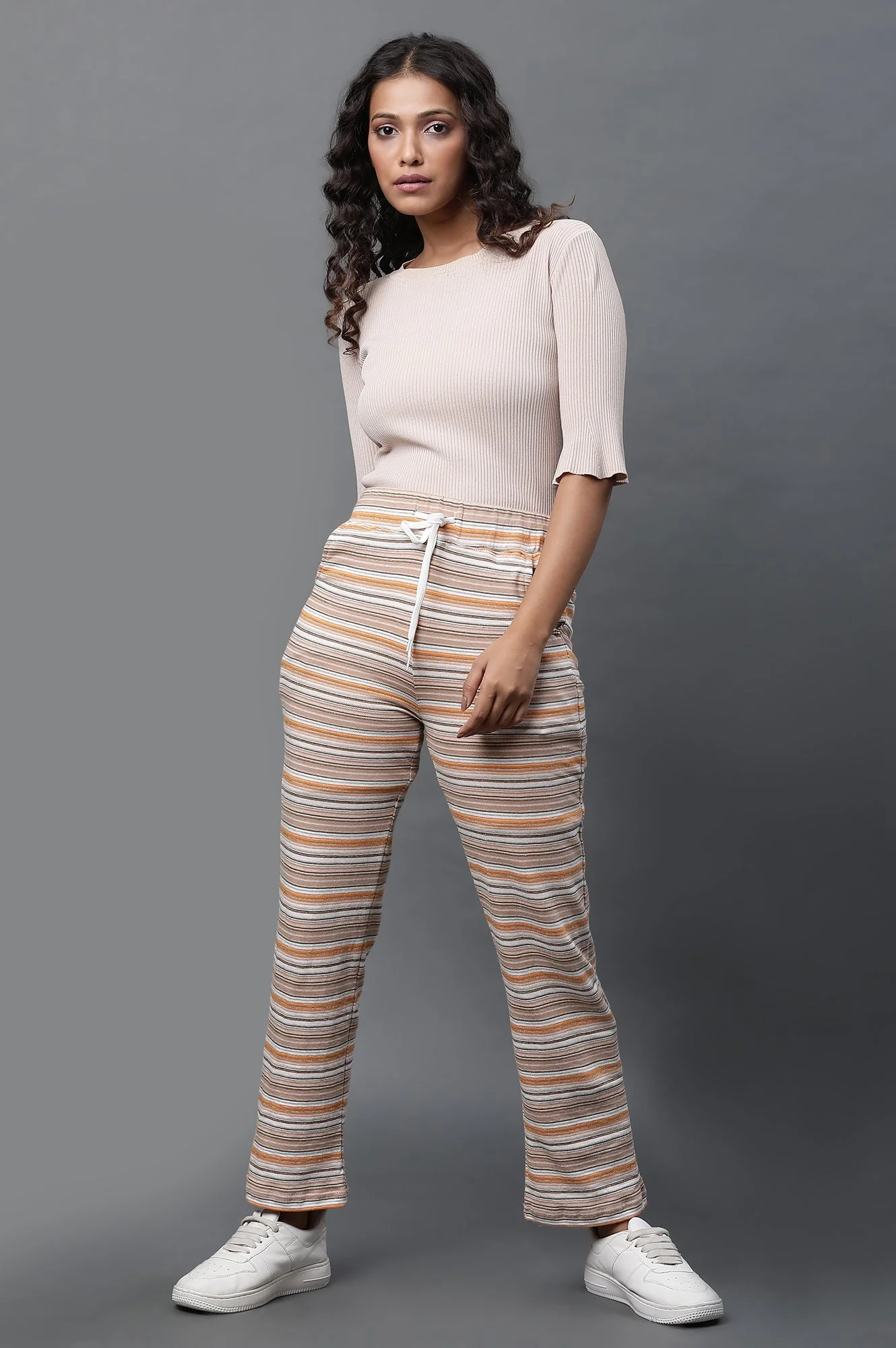 Multiciloured Striped Printed Straight-fit Knit Pants with Drawstring - Image 5