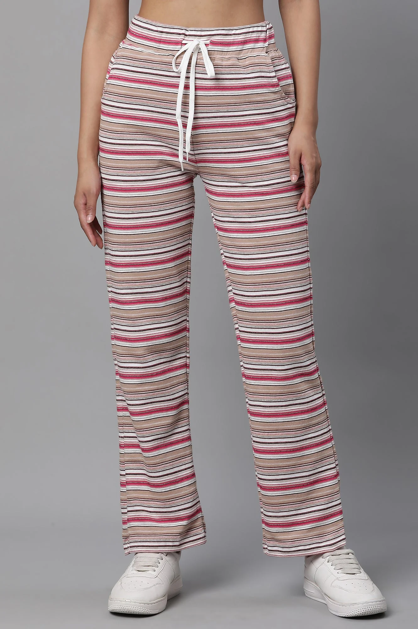 Elleven Women's Pink Striped Printed Straight Fit Pants With Drawstring