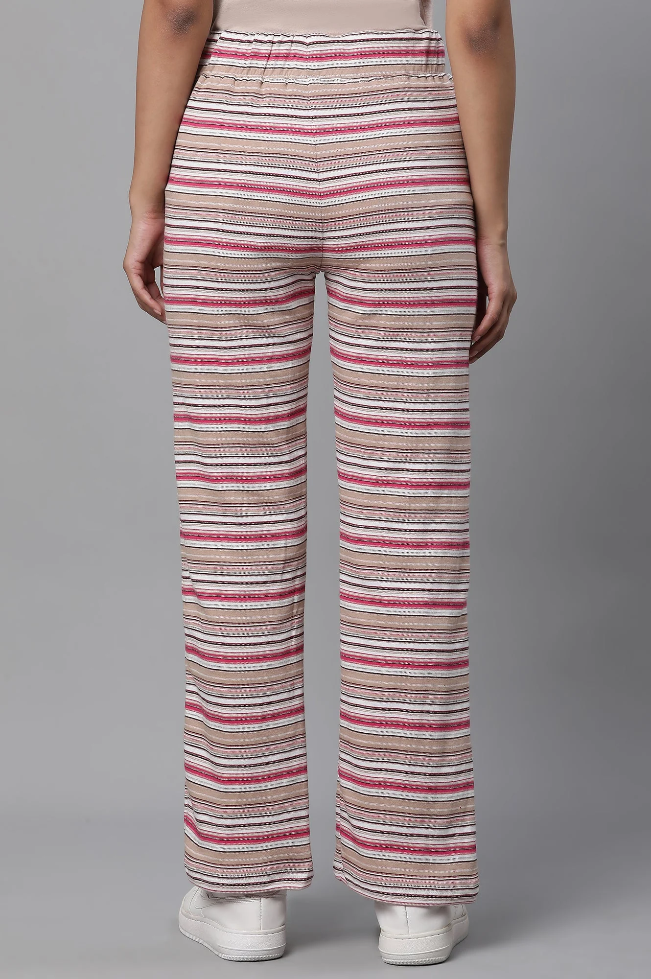 Elleven Women's Pink Striped Printed Straight Fit Pants With Drawstring - Image 3