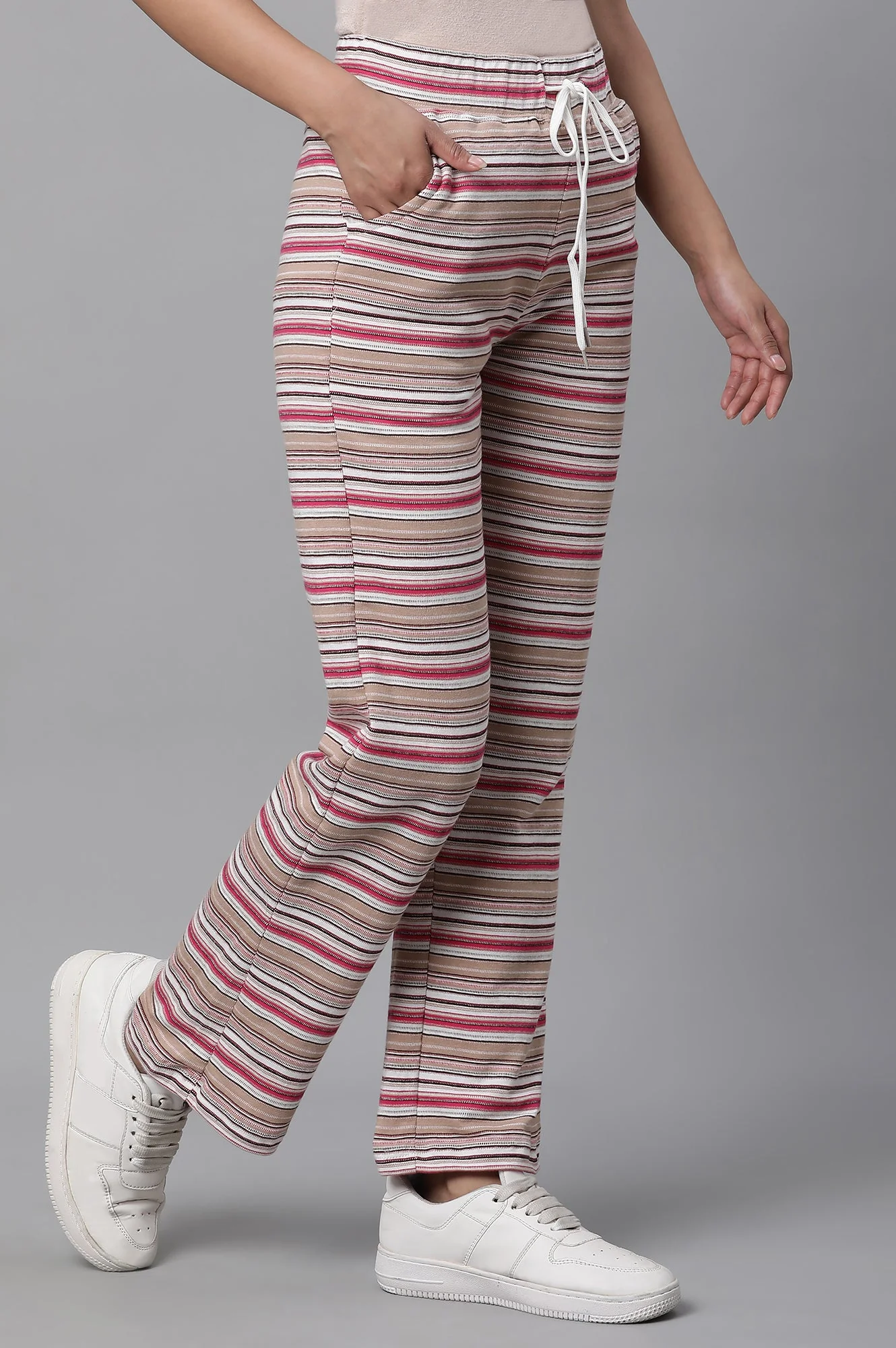 Elleven Women's Pink Striped Printed Straight Fit Pants With Drawstring - Image 4