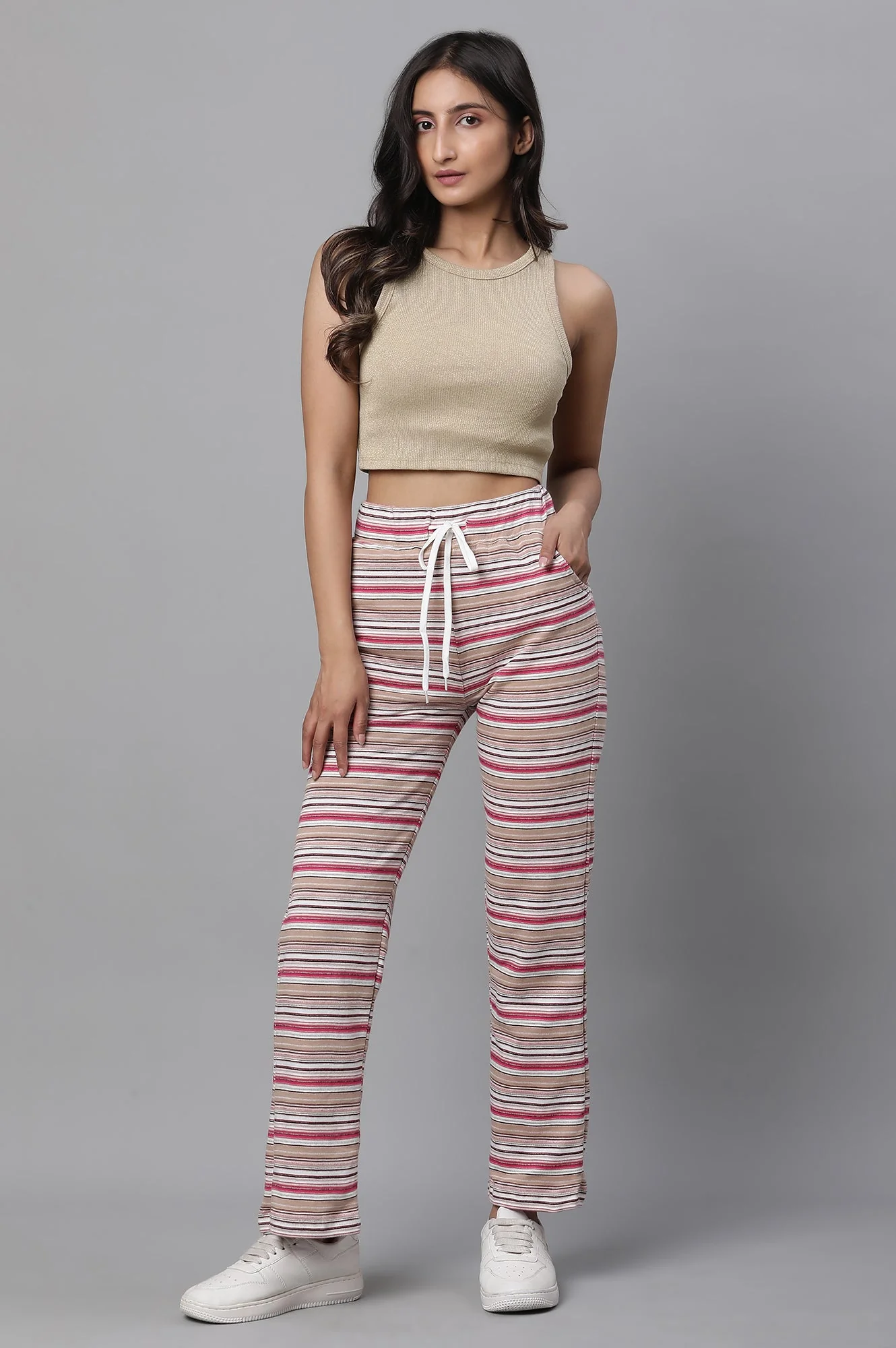 Elleven Women's Pink Striped Printed Straight Fit Pants With Drawstring - Image 5
