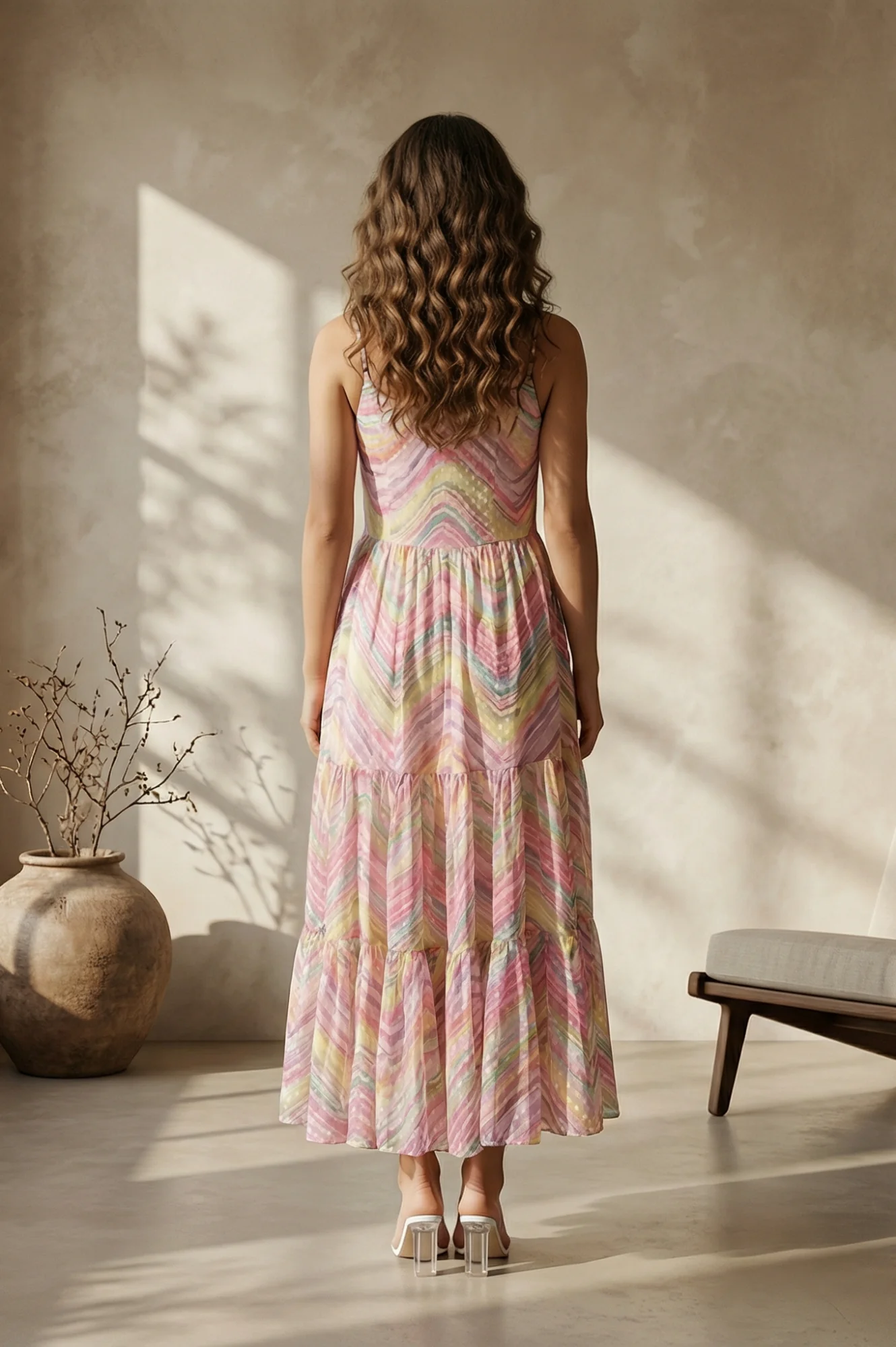 Multicolor Chevron Chiffon Tiered Dress - Image 4