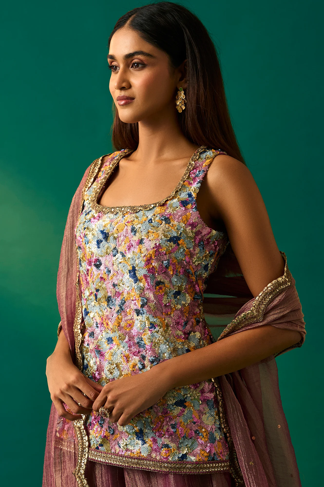 Multicolor Embroidered Straight Tissue Kurta with Culottes and Dupatta Set - Image 2