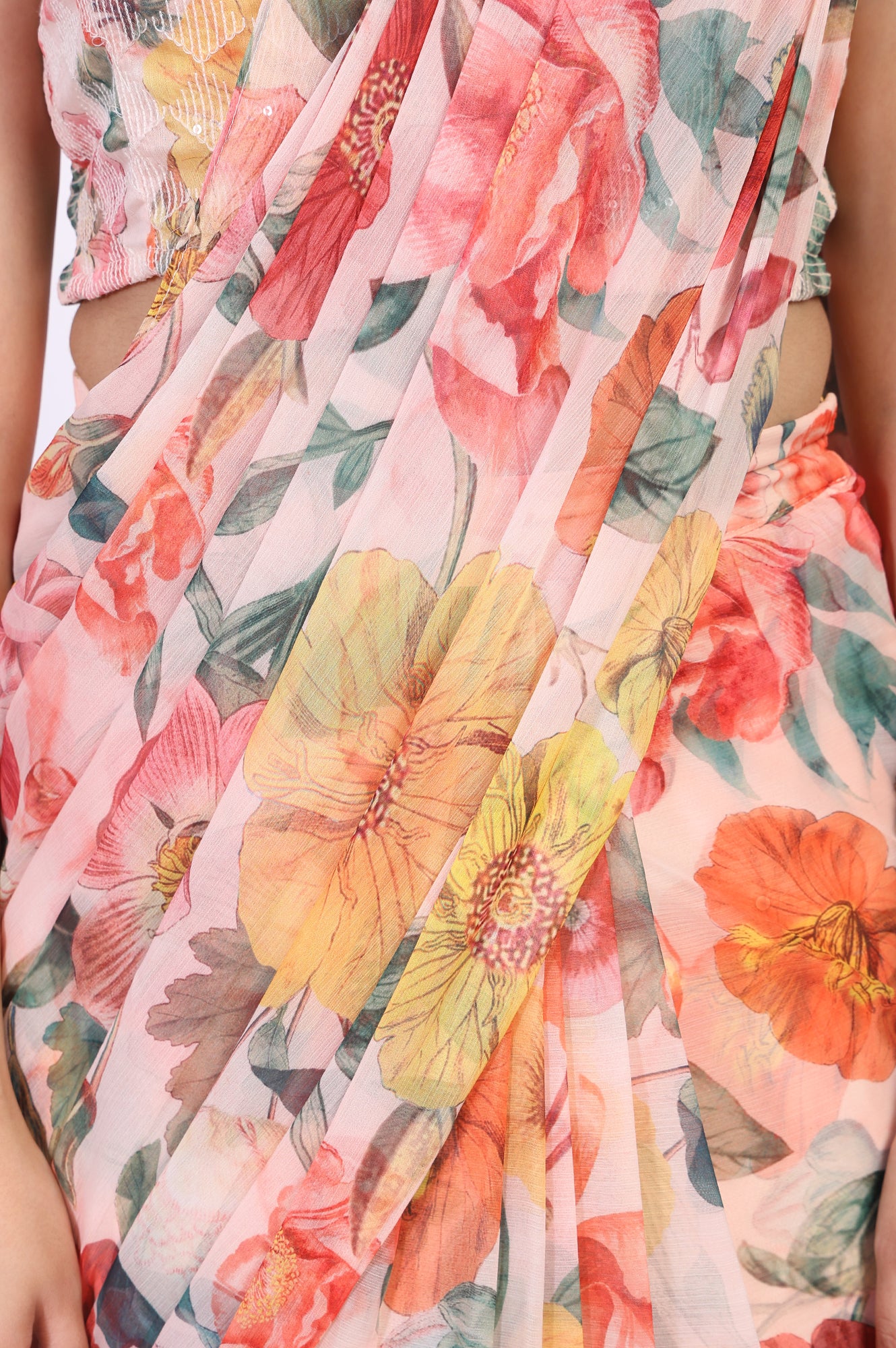 Multicolour Floral Printed Pre-Draped Georgette Saree with Blouse - Image 7