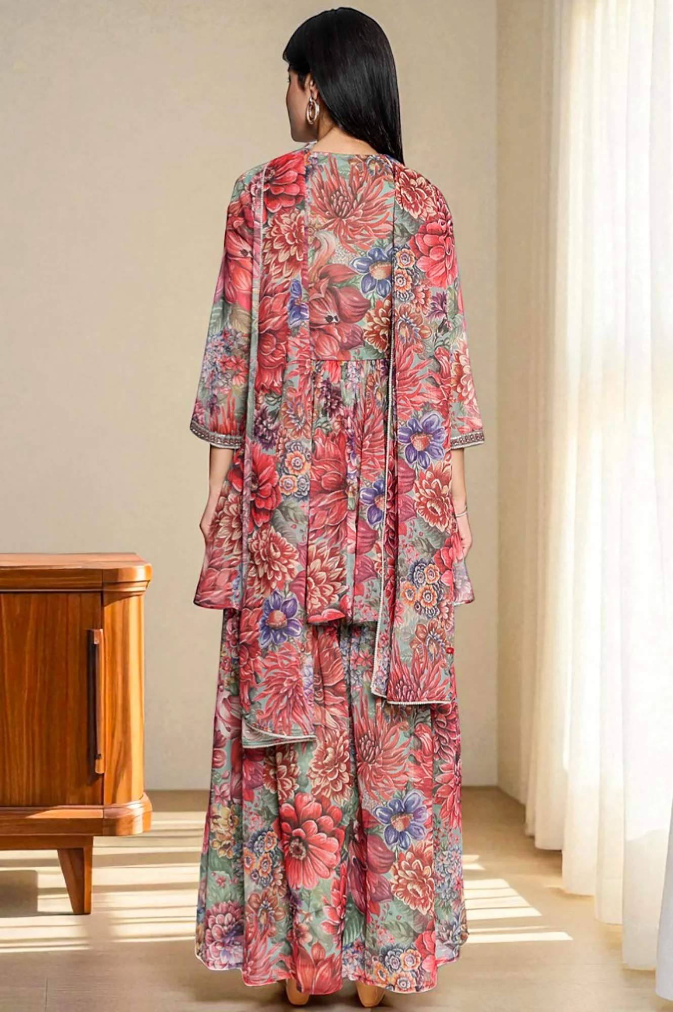 Multicolour Printed Silver Chiffon Flared Kurta, Sharara and Dupatta Set - Image 4