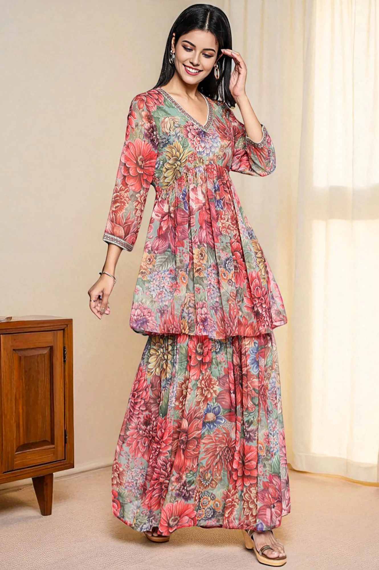 Multicolour Printed Silver Chiffon Flared Kurta, Sharara and Dupatta Set - Image 5